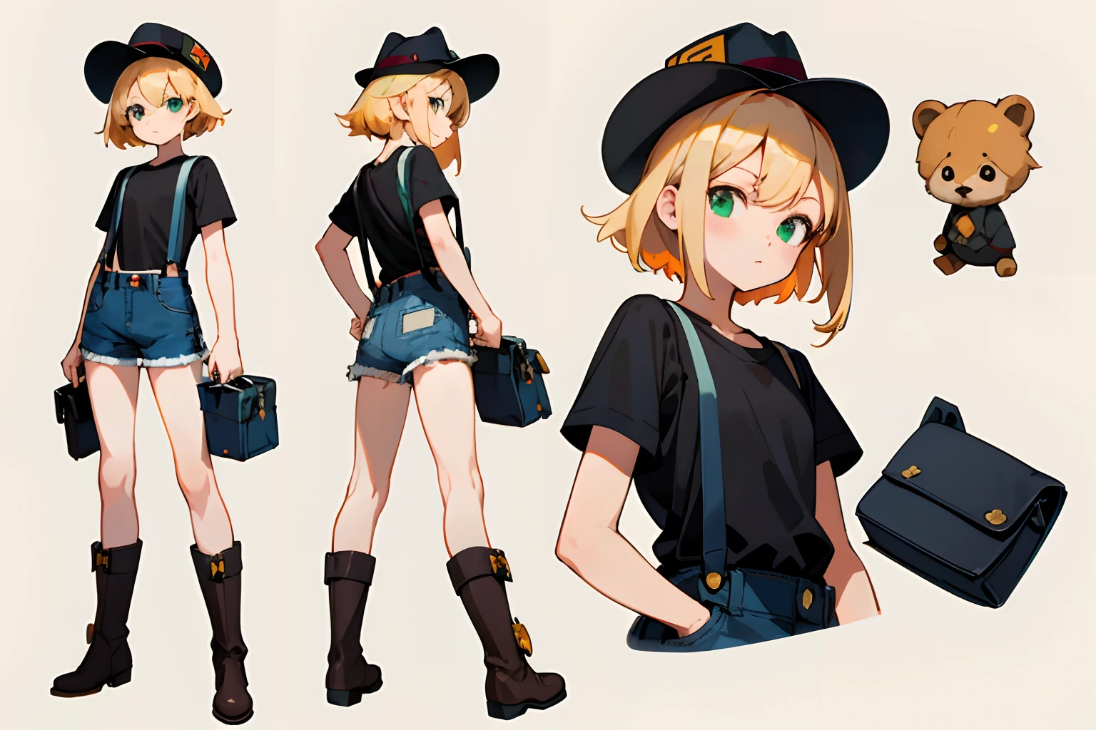 ​masterpiece,top-quality,((character sheets,Same character,gauges,Lateral face,soles)),environment change scene,Pose too,Hairstyle Fax,Pose Jitai,Chartaran Betarola,(simple background、white backgrounid:1.3),illustratio,女の子1人,Petite girl,a blond,Green eyes,Black hat printed with lightning symbol,Navel Ejection、Black T-shirt with lightning symbol printed on it,Low-rise denim shorts,suspenders,Leather Boots,Holding a bag with a small teddy bear keychain,multi view