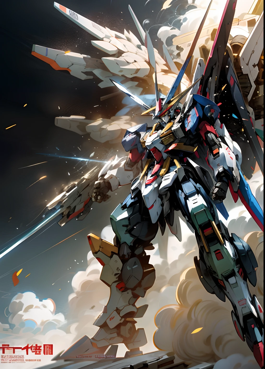 anime style picture of a large robot with a gun in the air, an illustration of by Krenz Cushart, pixiv contest winner, auto-destructive art, super robot wars, modern mecha anime, extreme gundam, gundam is windmill shaped, official anime artwork, gundam style, on a gundam, gundam robot, mecha anime, an anime large mecha robot