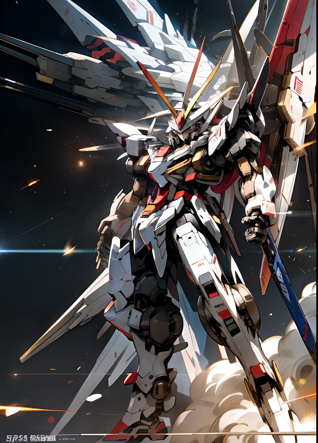 anime style picture of a large robot with a gun in the air, an illustration of by Krenz Cushart, pixiv contest winner, auto-destructive art, super robot wars, modern mecha anime, extreme gundam, gundam is windmill shaped, official anime artwork, gundam style, on a gundam, gundam robot, mecha anime, an anime large mecha robot