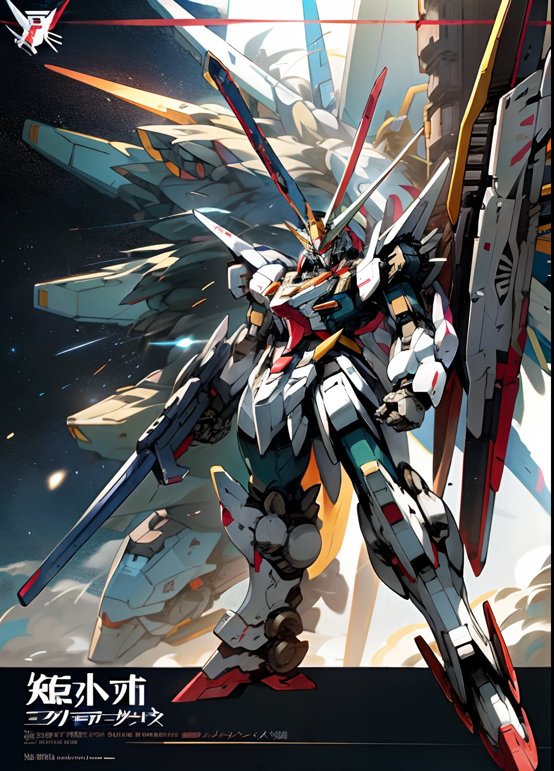 anime style picture of a large robot with a gun in the air, an illustration of by Krenz Cushart, pixiv contest winner, auto-destructive art, super robot wars, modern mecha anime, extreme gundam, gundam is windmill shaped, official anime artwork, gundam style, on a gundam, gundam robot, mecha anime, an anime large mecha robot