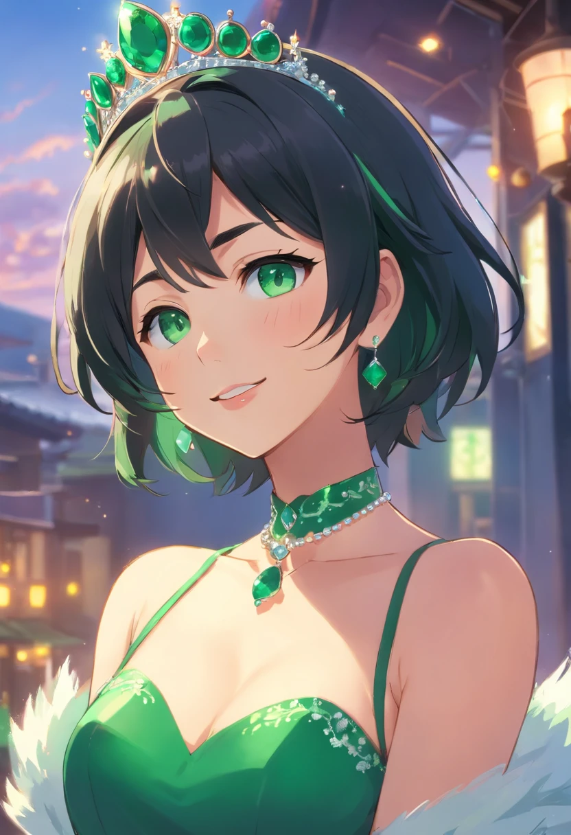 emerald tiara, Green Pearl Necklace, Boyish very short black hair, lipsticks, Japan woman smiling, very short short hair, big breasts beautiful, Green eyes, Long green gloves made of satin material, Green eyes, Emerald Earrings, Green eyes