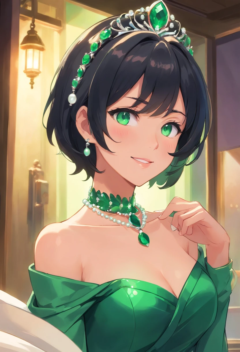 a girl, full body, she's short, royal gala background, dressed in a purple elegant tight dress, gala dress, beautiful eyes, small chest, mischievous, elegant, enticing, extremely detailed face, adult face, mature face, milf face, adult body, green emerald eyes, foxy mature eyes, adult milf eyes, extremely detailed eyes, long eyelashes, eyeliner, frowned eyebrows, smirk smile, malicious smile, sly smile, closed mouth, full lips, brown hair, straight hair, straight bangs, shoulder length hair, hair cut at her shoulders, medium length hair, hourglass body, small boobs, small breasts, large hips, thick thighs, big butt, large ass, pierced ear, piercing on ears, thigh boots, body jewellery, revealing dress, royal dress, goddess dress, open revealing neckline