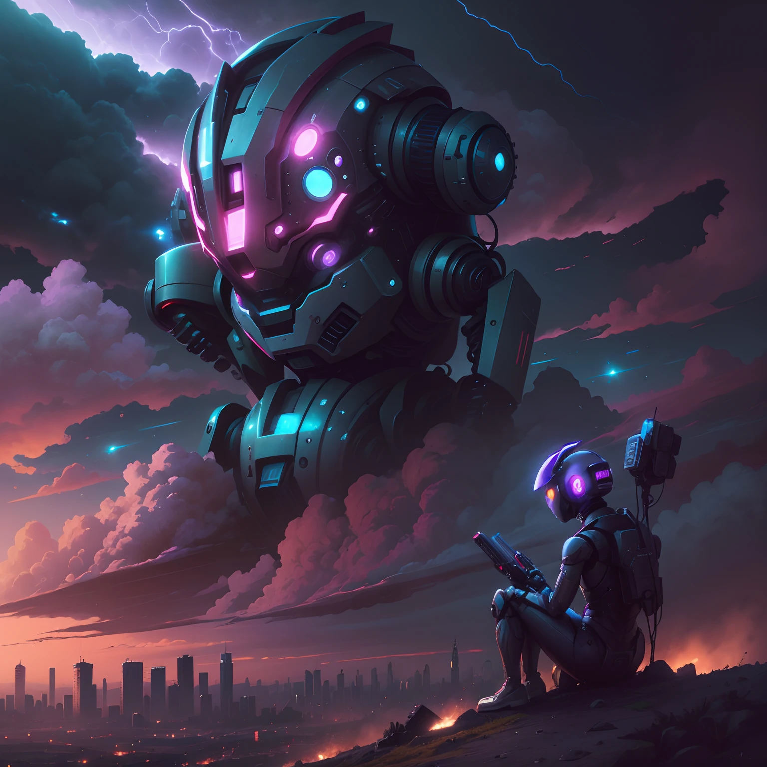 a very sad robot, melancholy, crying, tears, on a hill overlooking a dystopian city, shot from behind, extreme long shot, sitting on the edge of a hill-cliff, looking down at the city from above,  story sky, storm clouds, mostly sunny, blue and pink and violet sky, 8k resolution, hyperdetailed, in the style of Ray Bradberry.