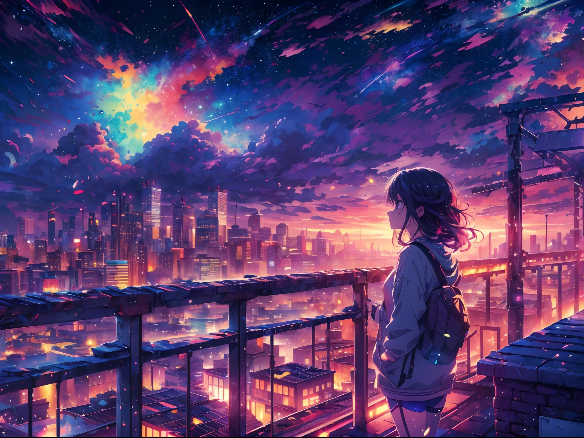 (best quality,4k,8k,highres,masterpiece:1.2), ultra-detailed,, HDR, UHD, studio lighting, ultra-fine painting, sharp focus, physically-based rendering, extreme detail description, professional, vivid colors, bokeh, portraits, anime, concept artists, starry night, rooftop, rainbow, night sky, longhaired girl, standing, anime art wallpaper 8k, 4k anime wallpaper,(Masterpiece: 1.2), (Best Quality), 4k, Ultra Detailed, (Dynamic Composition: 1.4), Rich in Detail and Color, (Rainbow Color: 1.2), (Glow, Atmospheric Lighting), Dreamy, Magical, (Solo: 1.2),
