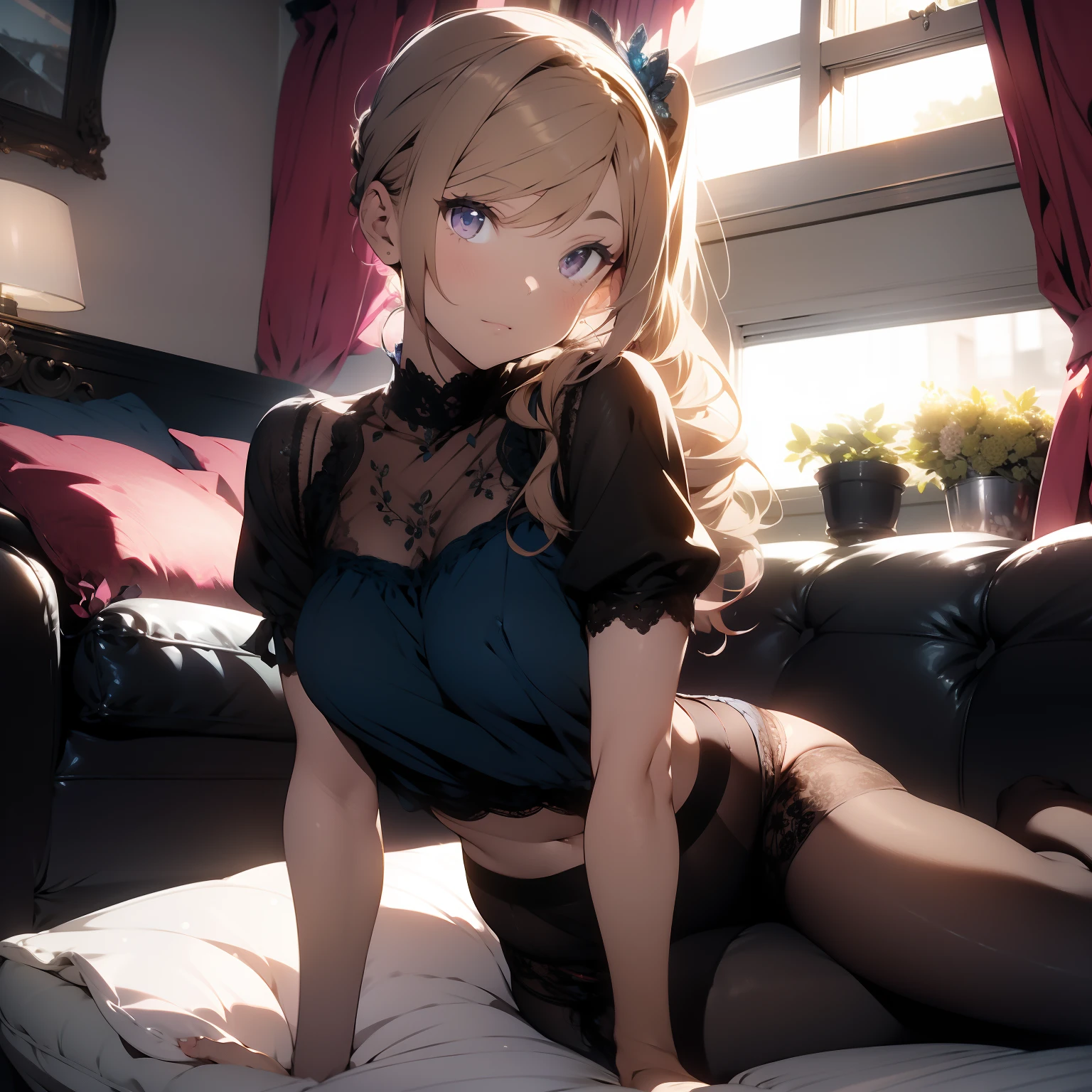 araffed woman in a blue lingerie and pantyhose laying on a couch, on a couch, pretty face with arms and legs, side ponytail, braided hair, diadem, sexy look at the camera, sitting on the couch, beautiful angle, good young girl, sitting on her bed, sitting on the bed, sexy girl, sitting on a bed, posing in bed, lace, sheer, visible bellybutton, blonde, pink eyes
