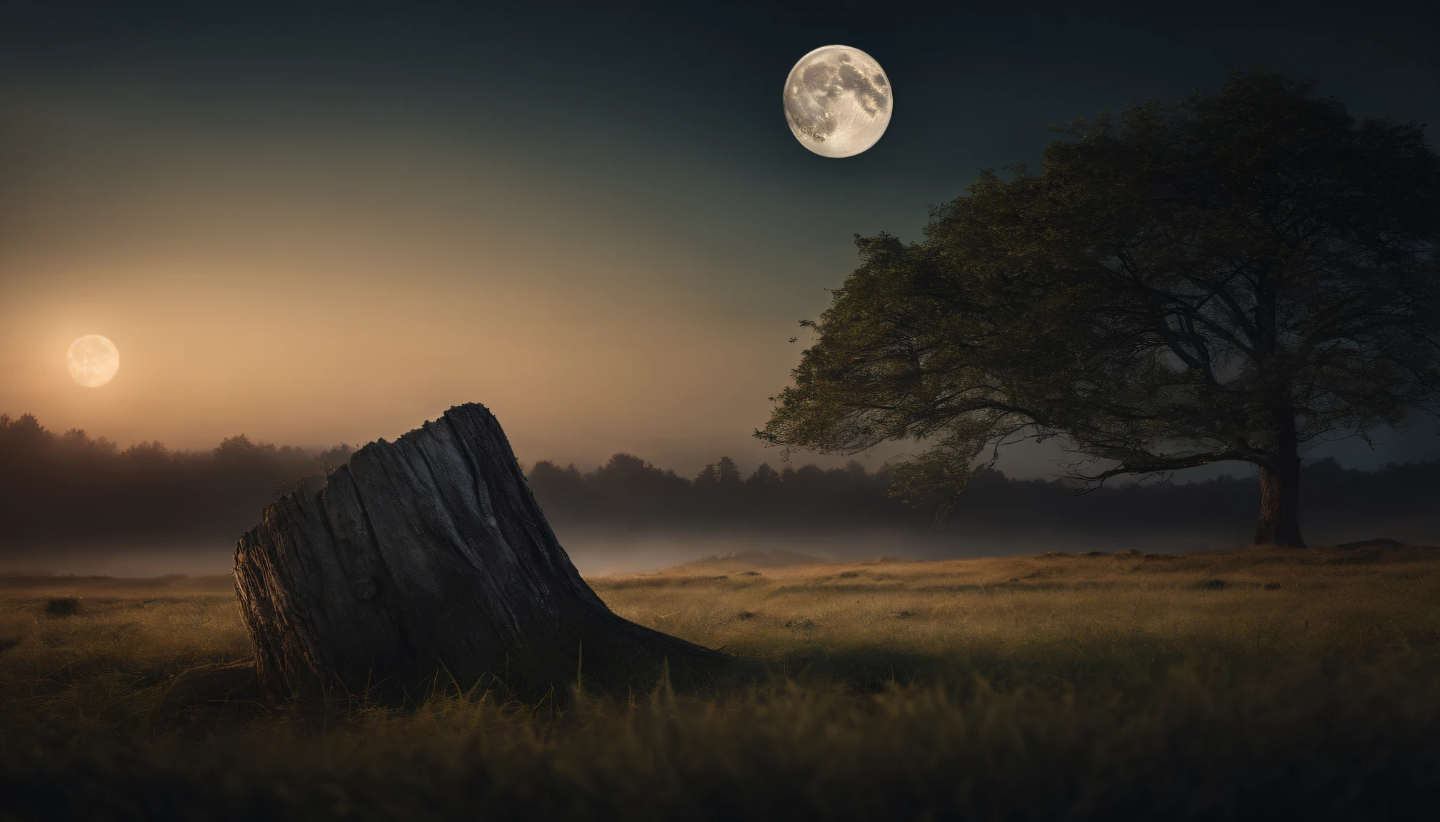 grassland, stump, Forest1:7, nighttime, Big round moon, Sky2:3