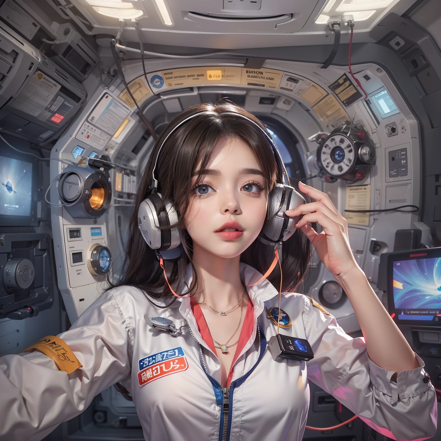 Mulher encantada feliz　beleza perfeita　olhos bonitos　bright lips　Manga compridaＴvestindo uma camisa　funcional　fone de ouvido　Inside the spacecraft