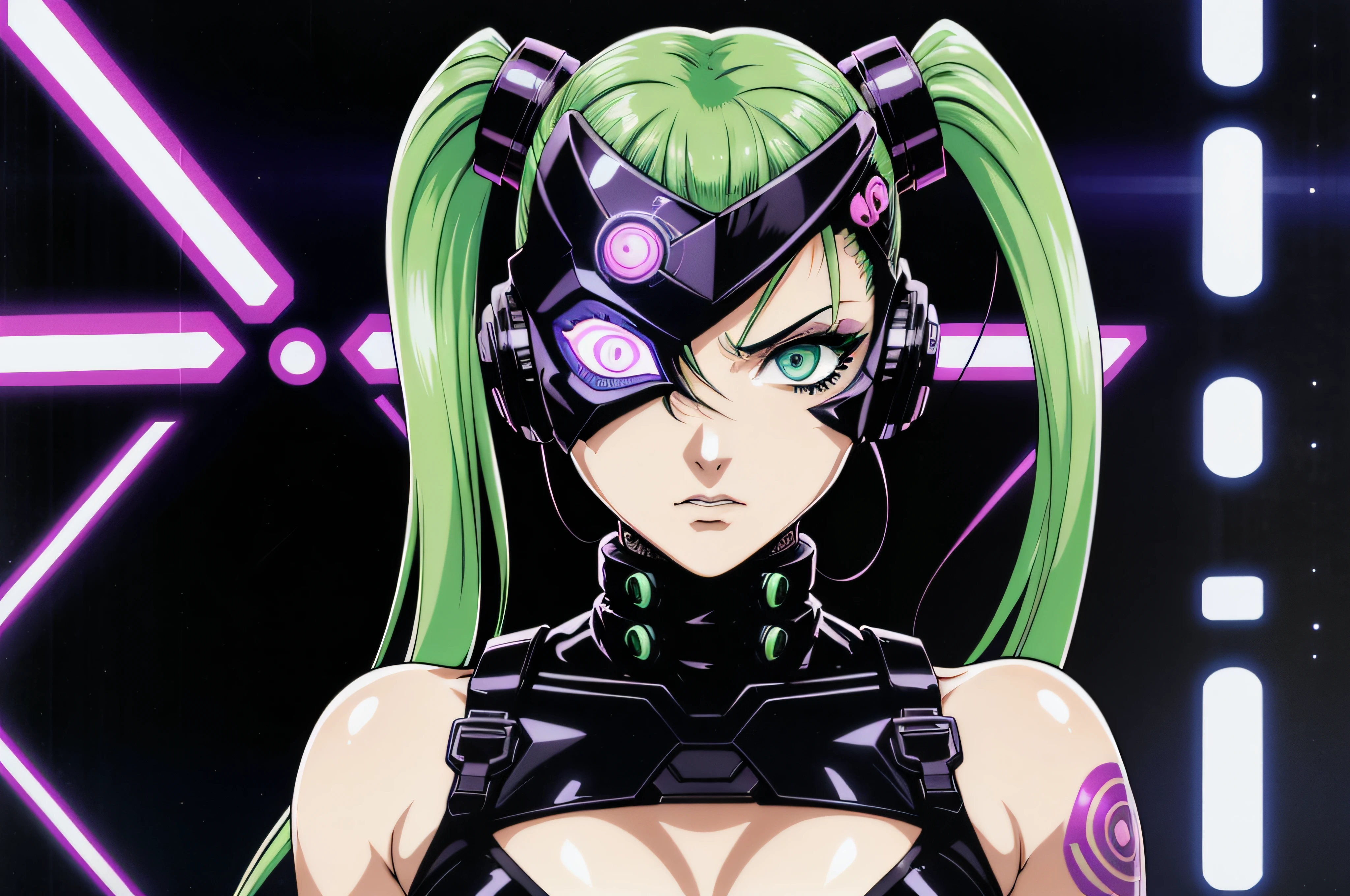 early 2000s style, front view, portrait anime illustration of a (alternative cyberpunk woman with neon twintail hair), green eyes, perfect face, detailed facial features, [punk makeup], seductive expression, MOX, ((cybermask)), ambient light, wearing black tank top, heavy metal, pale skin, cyber tattoos, [Akira|Ghost in the shell] anime still, hires scan, stencil, bold colors, closeup, Edgerunners, art (by Hiroyuki Imaish)