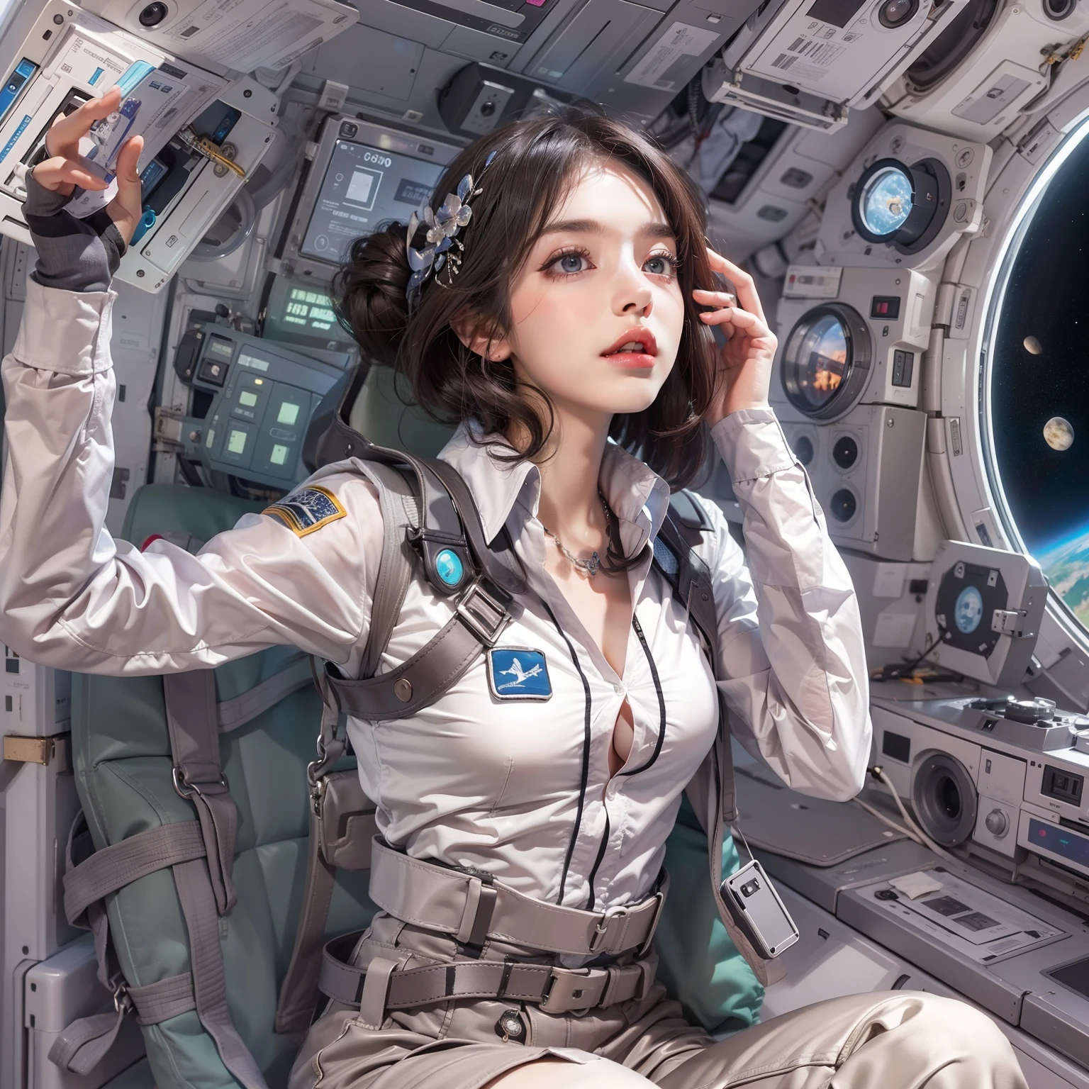 Enchanted woman happy to raise her hand Beleza perfeita Olhos bonitos Glossy Lips manga compridaTvestindo uma camisa funcional fone de ouvido Inside the spacecraft