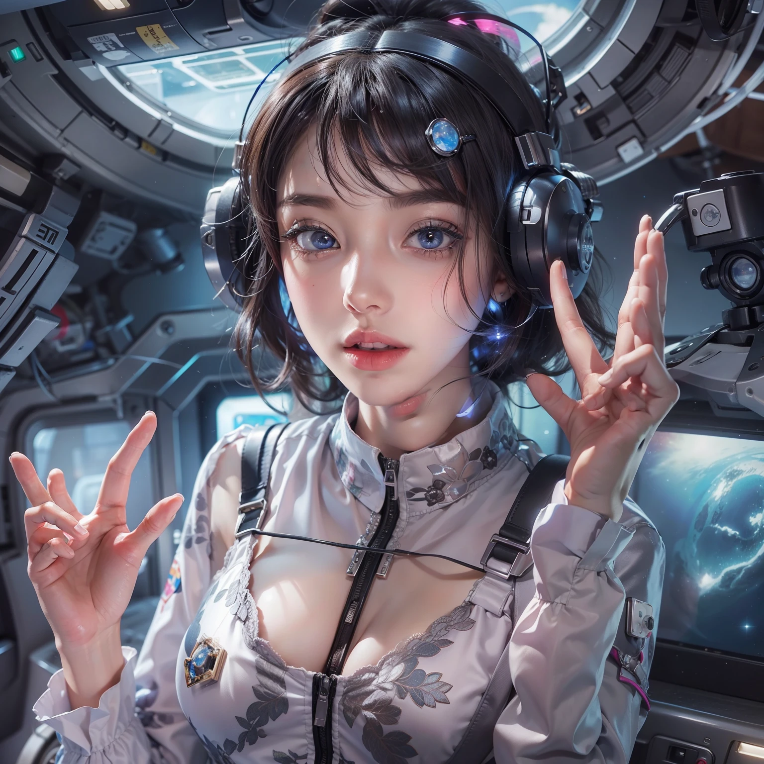 Enchanted woman happy to raise her hand Beleza perfeita Olhos bonitos Glossy Lips manga compridaTvestindo uma camisa funcional fone de ouvido Inside the spacecraft