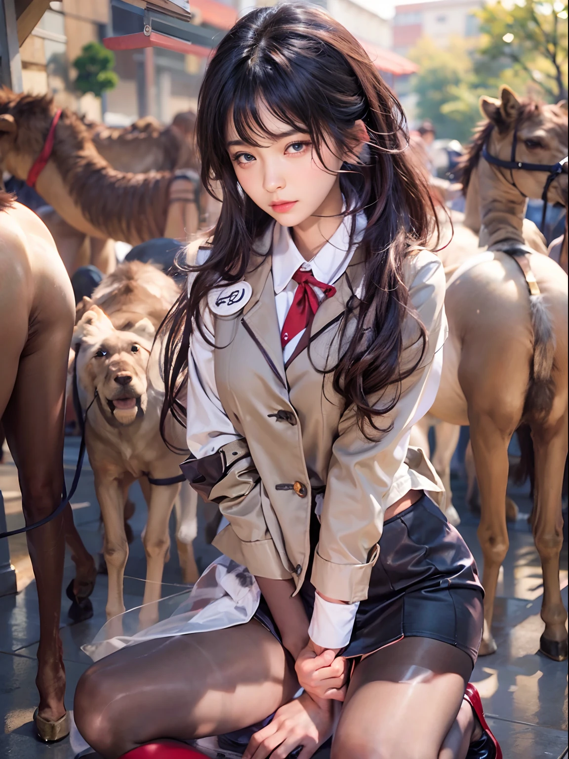 ulzang-6500-v1.1, (RAW photo:1.2), (Photorealistic:1.4), Beautiful detailed girl, Very detailed eyes and face, Beautiful detailed eyes, ridiculous, Incredibly Ridiculous res, hugefilesize, Super detailed, high resolution, Very detailed, Best quality, Masterpiece, kemomimi, ((Japanes girl' high school uniform)), illustration, Very detailed, CG, unified, 8K wallpaper, Amazing, Fine details, Masterpiece, Best quality, Very detailed CG uniform 8k wallpaper, light in face, Cinematic lighting, 1girll, , (()), ((Dynamic pose))), (camel-toe), (Half), (Pantyhose), (knee-bending leg sit))，blackstockings