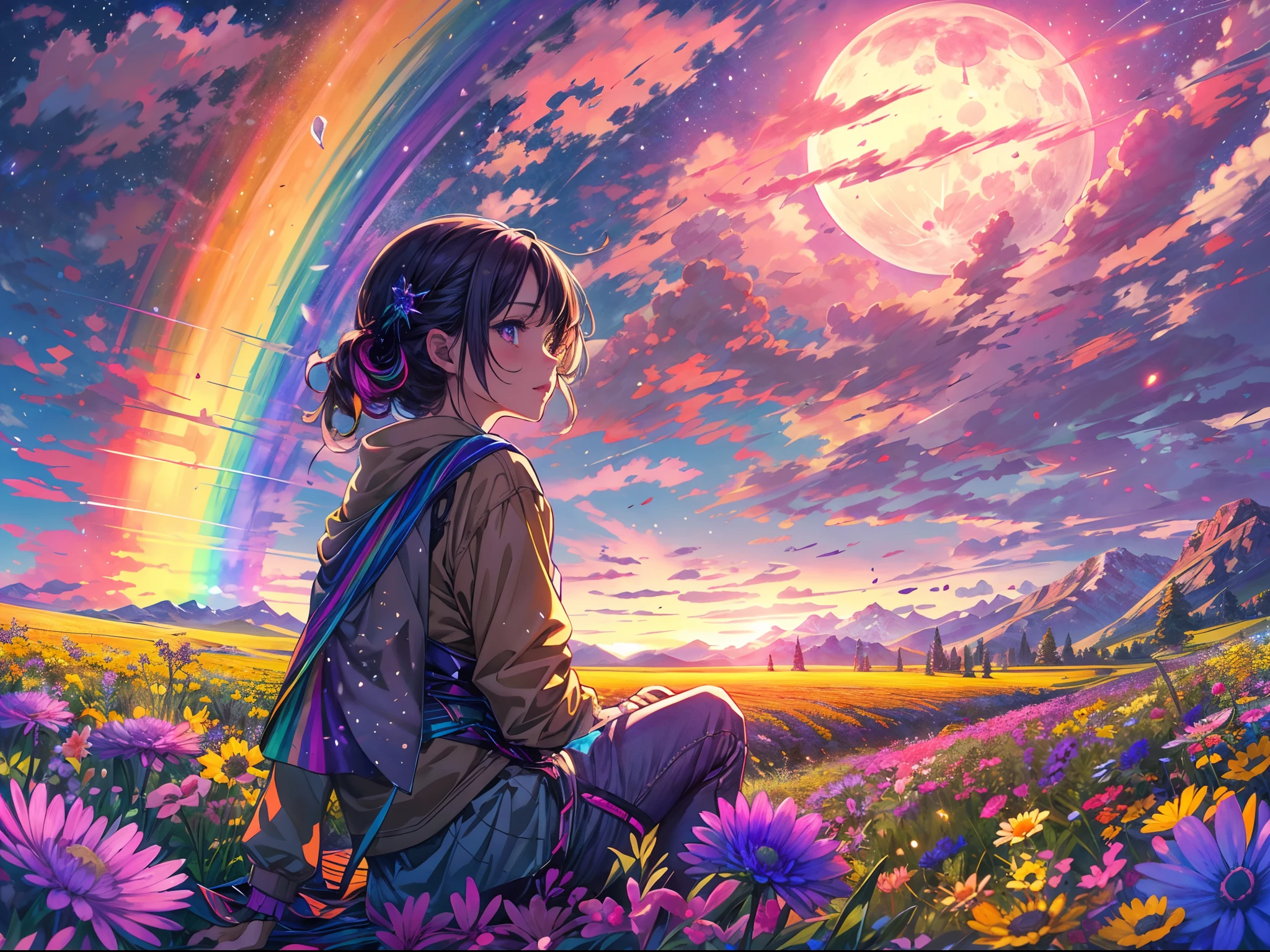 A wide landscape photo, (viewed from below, the sky with rainbow is above, and the open field is below), an anime girl sitting on colorful flowers field looking up, (full moon: 1.2), (rainbow clouds: 0.9), (rainbow: 1.3), distant mountains , shooting stars, Crafting Art, (Warm Light: 1.2), (Firefly: 1.2), Lights, Lots of Purple and Orange, Intricate Details, colorful palette,Volumetric Lighting BREAK (Masterpiece: 1.2), (Best Quality), 4k, Ultra Detailed, (Dynamic Composition: 1.4), Rich in Detail and Color, (Rainbow Color: 1.2), (Glow, Atmospheric Lighting), Dreamy, Magical, (Solo: 1.2),