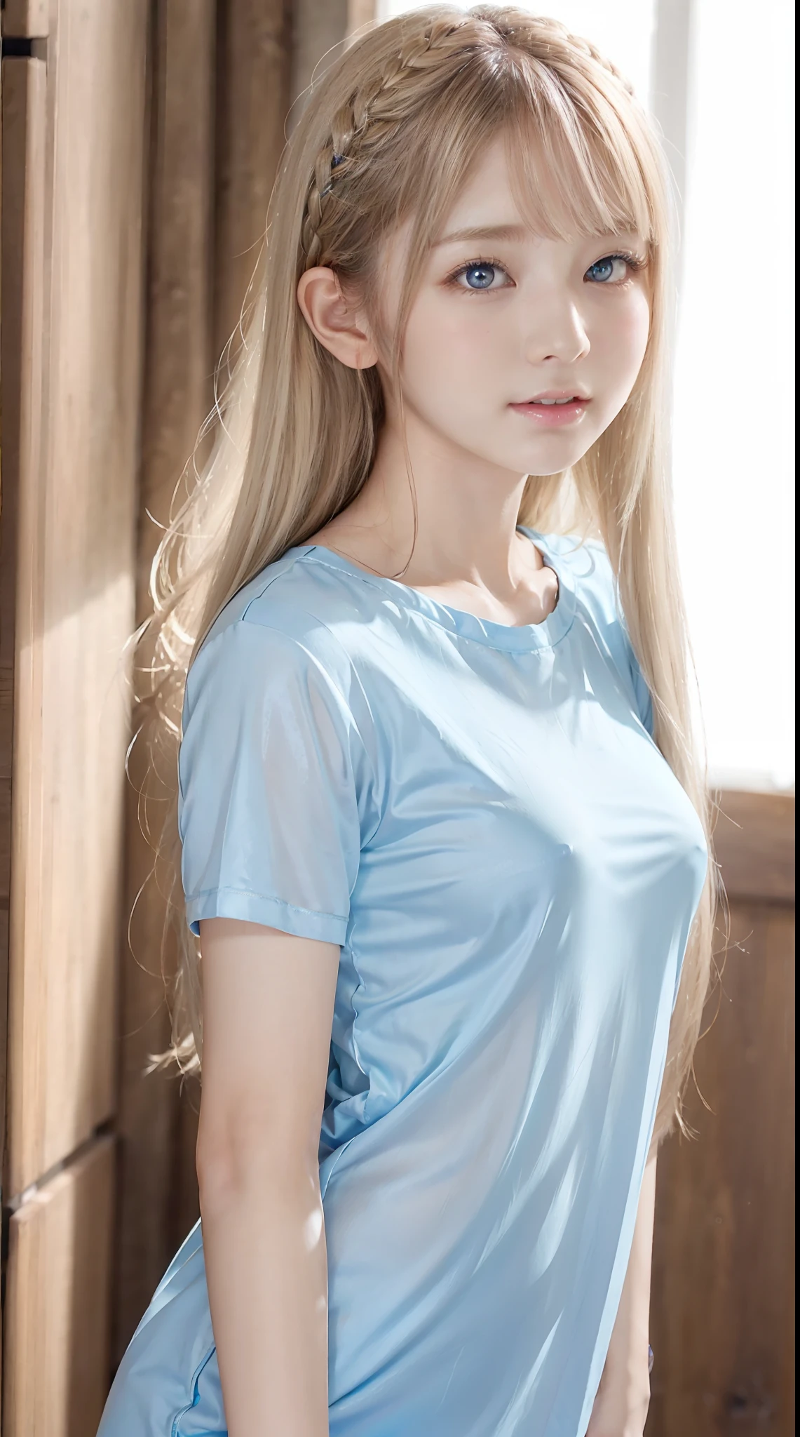 Sexy and very beautiful cute face、shiny beautiful skin、White beautiful skin、Beautiful pale light blue eyes, Beautiful very long blonde hair、Sexy swaying bangs、18 years old cute little face beautiful girl、Long T-shirt、dressed casually