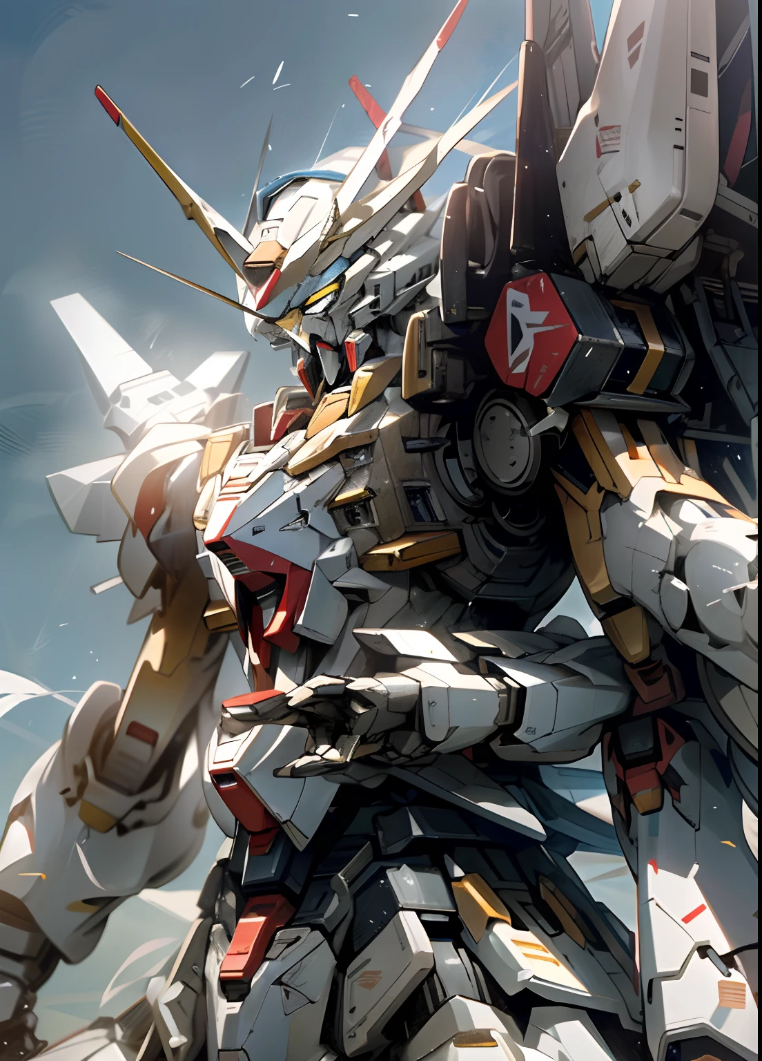 a close up of a robot standing on a surface with a sky background, on a gundam, gundam robot, an anime large mecha robot, super robot wars, gundam is windmill shaped, mobile suit gundam, gundam, extreme gundam, modern mecha anime, gundam style, barbatos gundam, mobile suit, mecha anime, gundam armor, gundam wing style armor