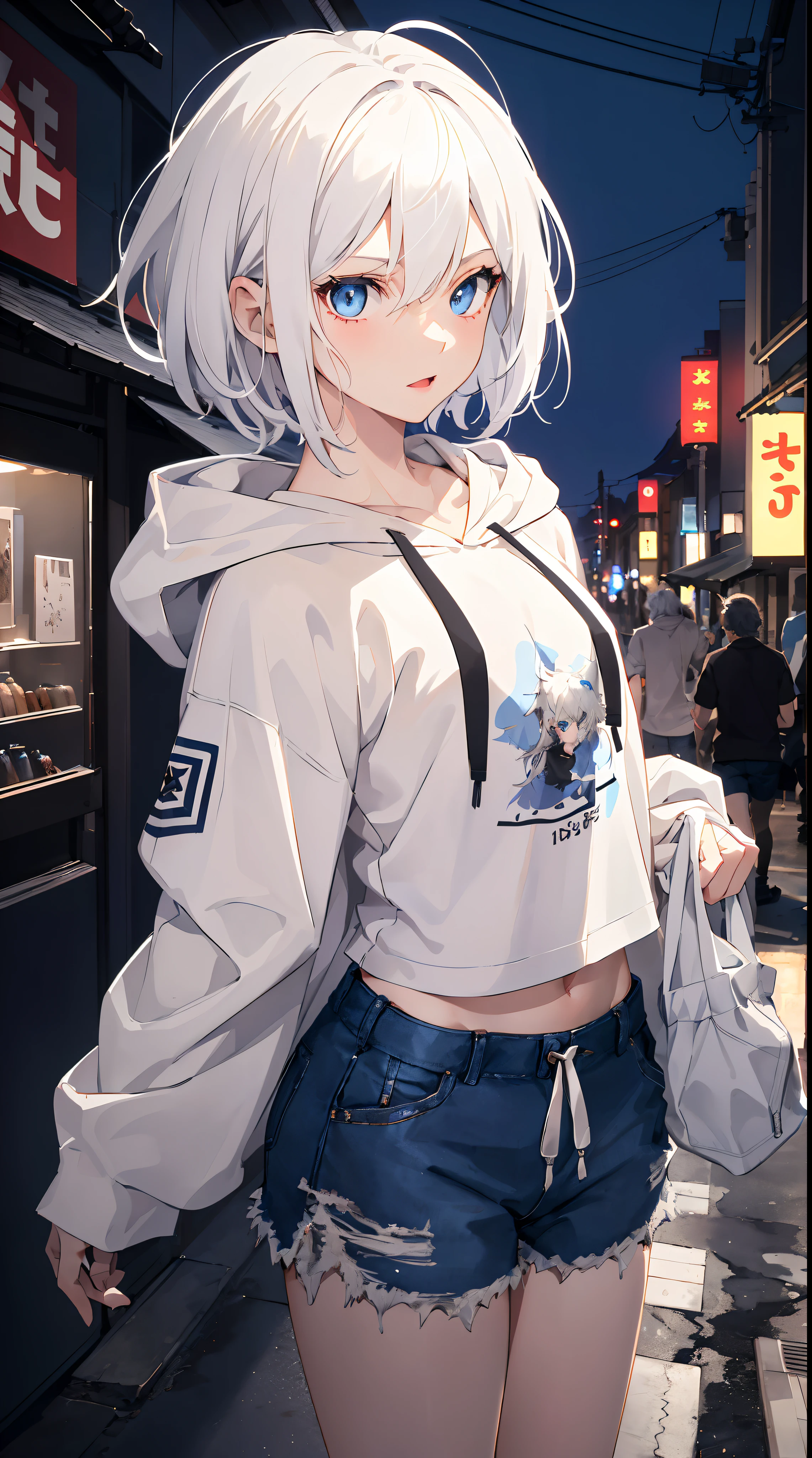 Masterpiece1.2),best quality))),1 girl , adult, messy hair,short hair,white hair,wolfcut,blue eyes,white Hoodie,shorts , , top half body portrait,dynamic pose ,tokyo city, night, beautiful light, high environmental detail