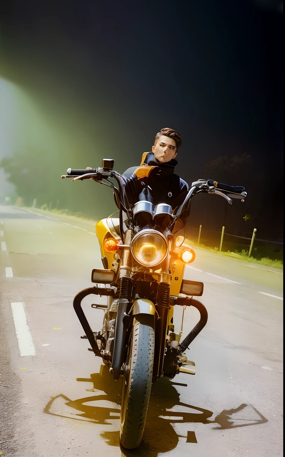 Cute realistic anime man, smooth skin, don’t change my bike, do not change background, do not change my face.