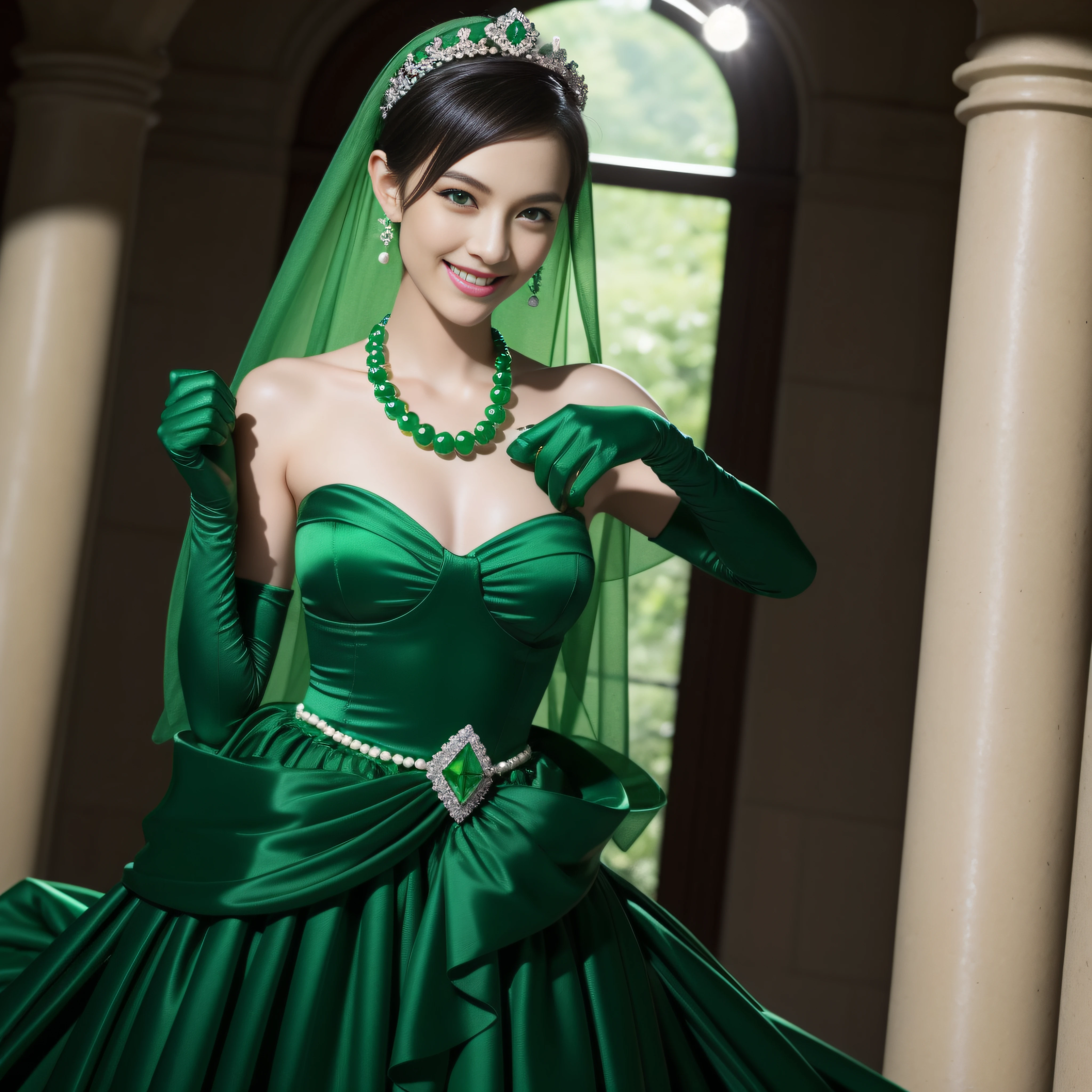 emerald tiara, Green Pearl Necklace, Boyish very short black hair, lipsticks, Japan woman smiling, very short short hair, big breasts beautiful, Green eyes, Long green gloves made of satin material, Green eyes, Emerald Earrings