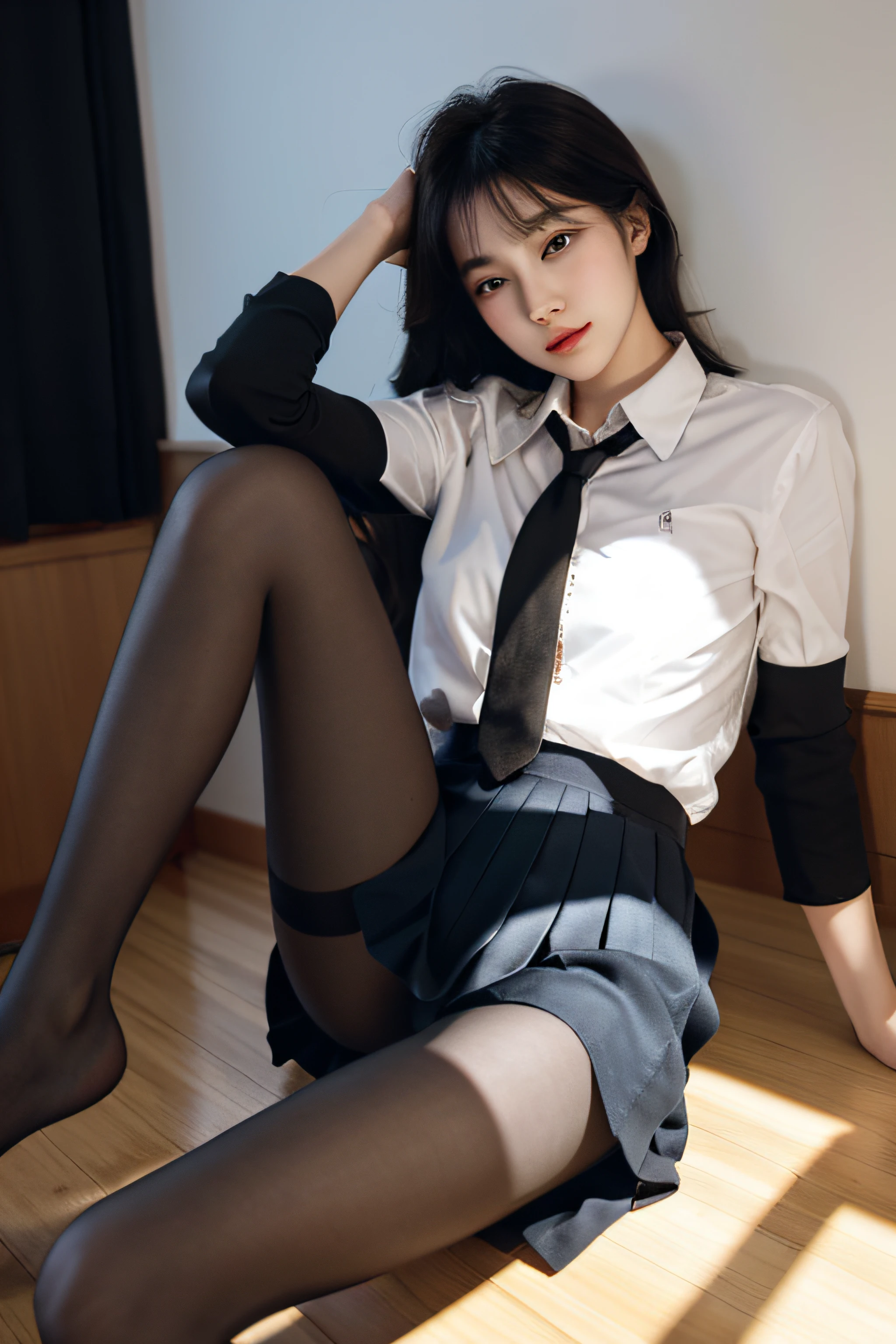 Ultra-realistic 8k CG，s the perfect face，flawless perfection，ren，tmasterpiece，professionalartwork，famousartwork，s the perfect face，beauitful face，beautidful eyes，（（Perfect female body）），独奏，（immersiveatmosphere，lightand shade contrast：1.5，Bright light:1.2,lumnious),,(Blushlush:0.5),Enchanting expression,Ultimate detail_The eye,long leges,huge tit,Exquisite background,depth of fields,photorealestic:1.3,Faraway view,1girl,The shirt,pleatedskirt,School Uniform，Sleeping position，full bodyesbian，（ambient lights：1.3），（cinematic compositions：1.3），（neonlight：0.1），（HDR：0.1），emphasis lighting，black pantyhoses，stocklings，blackstockings