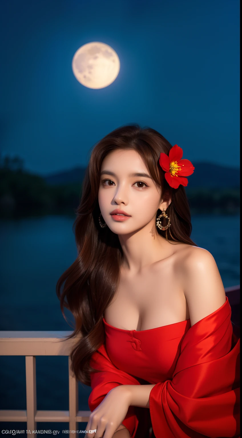 1girl, blurry, blurry_background, brown_eyes, brown_hair, depth_of_field, earrings, flower, full_moon, hair_flower, hair_ornament, lips, looking_at_viewer, moon, moonlight, night, night_sky, outdoors, red_flower, red_moon, sky, solo