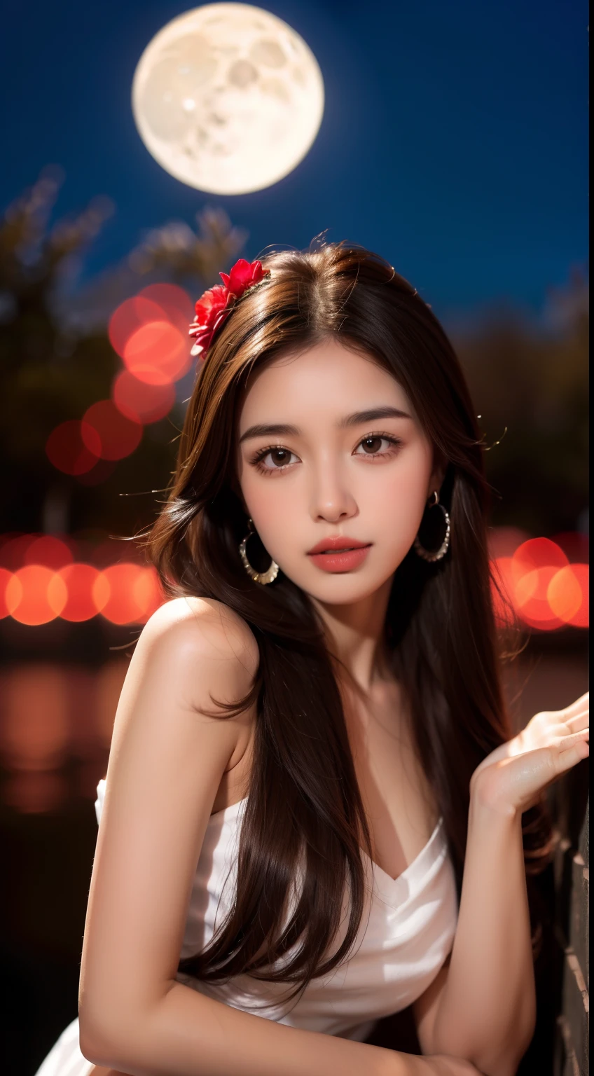 1girl, blurry, blurry_background, brown_eyes, brown_hair, depth_of_field, earrings, flower, full_moon, hair_flower, hair_ornament, lips, looking_at_viewer, moon, moonlight, night, night_sky, outdoors, red_flower, red_moon, sky, solo