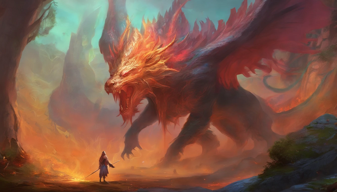It's a huge monster。It has a human-like appearance,He was more than a dozen feet tall,The limbs are thick and powerful,The eyes are like two hills,Spit sharp beast claws out of the mouth,The face is hideous,terroral,The hair color is colorful and bright,The whole body exudes a strong demon aura。