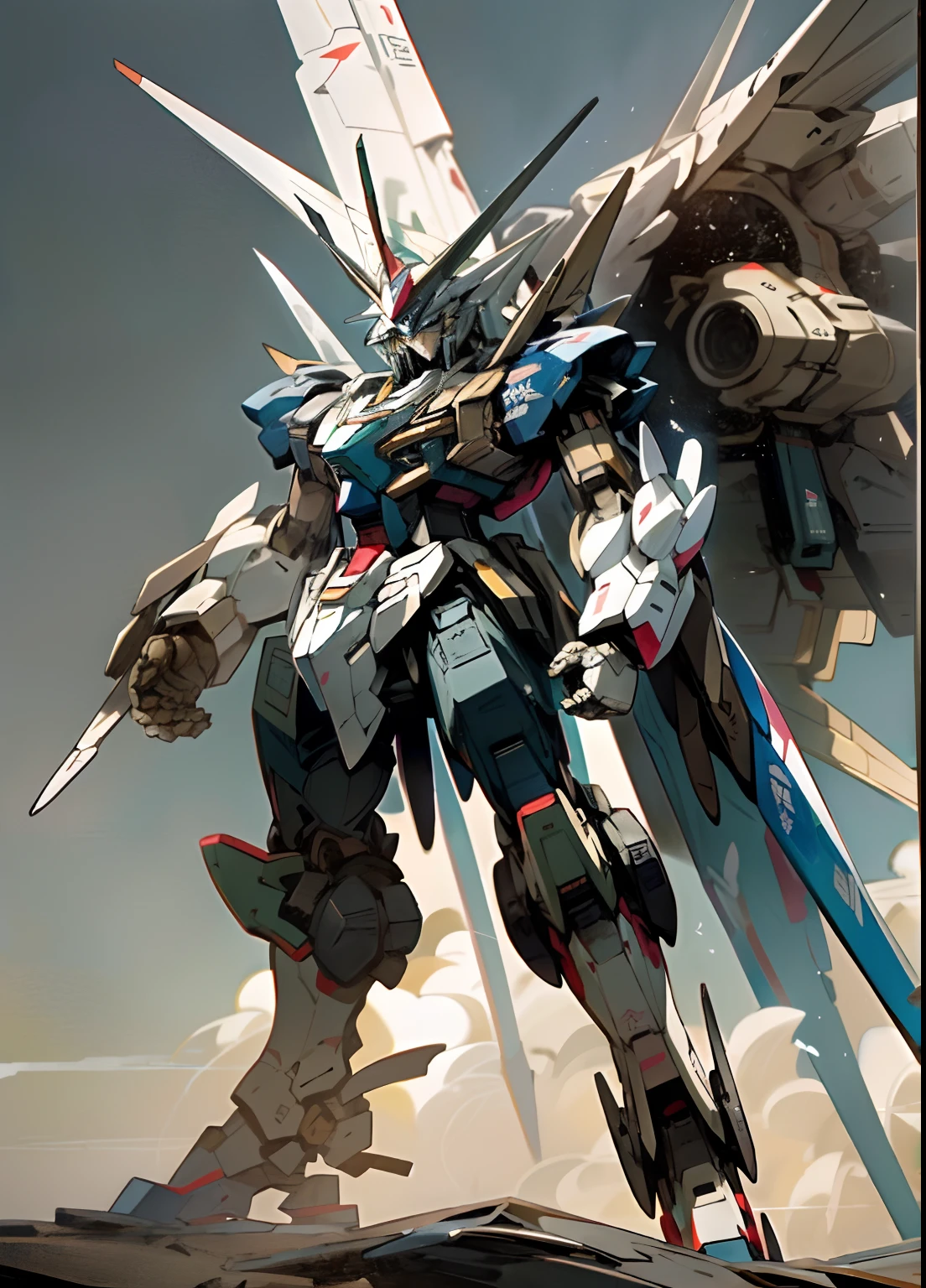 a close up of a robot standing on a surface with a sky background, a picture by Jakob Gauermann, tumblr, shin hanga, on a gundam, gundam robot, an anime large mecha robot, super robot wars, gundam is windmill shaped, mobile suit gundam, gundam, extreme gundam, modern mecha anime, gundam style, barbatos gundam