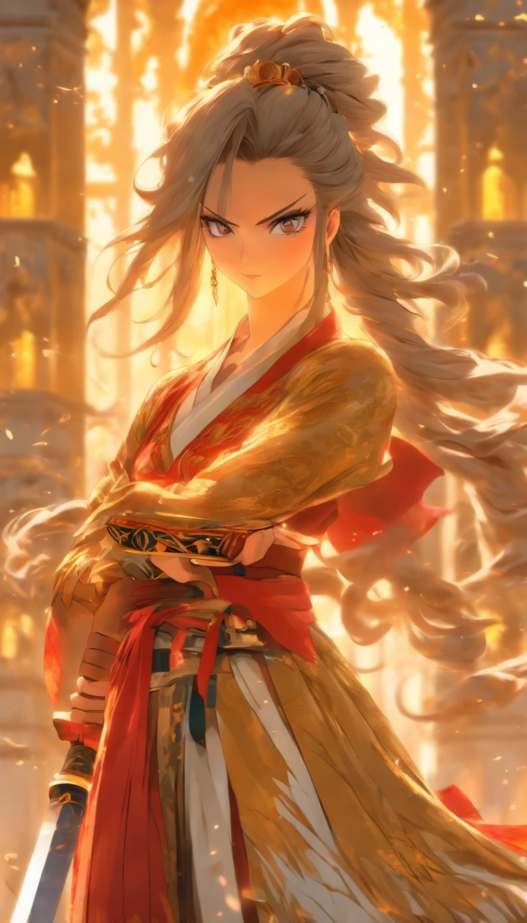 A confident and provocative woman, Nalan Wan'er, standing with a narrow waist and wide hips, holding a sharp sword, with a magnificent palace in the background, ,32k, best quality, masterpiece, super detail, high details by Jidaimono Anime Style