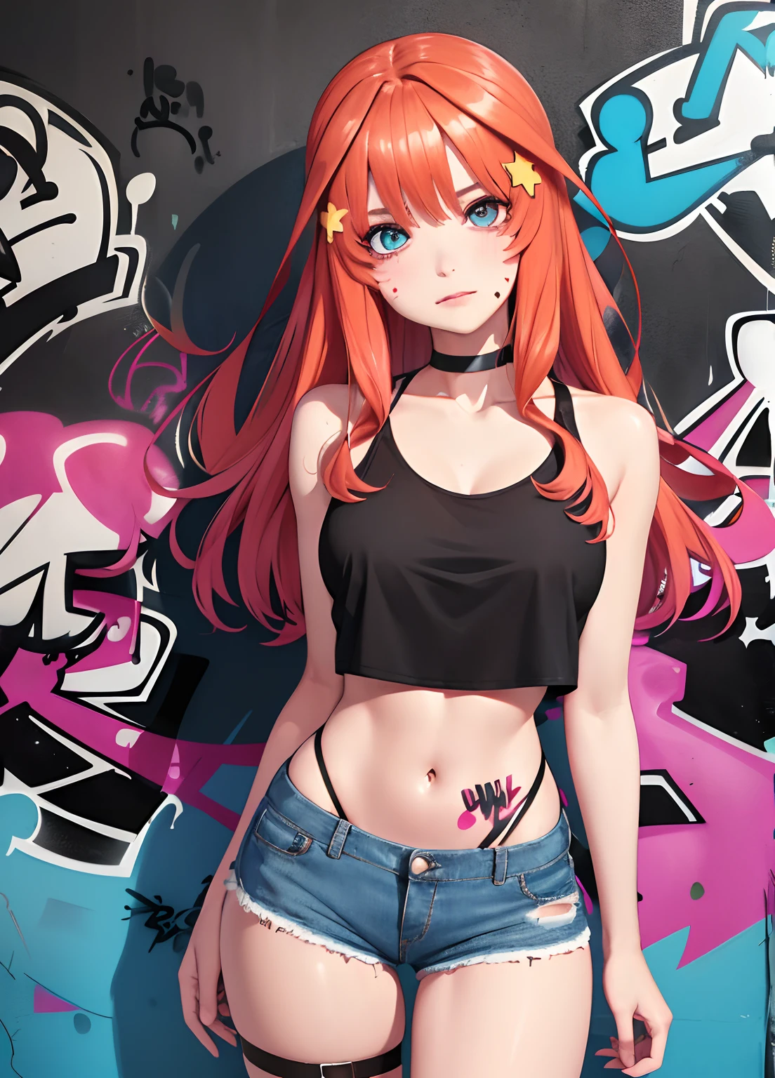 masterpiece, best quality, 1girl, solo, crop top, denim shorts, choker, (graffiti:1.5), paint splatter, arms behind back, against wall, looking at viewer, armband, thigh strap, paint on body, head tilt, bored, multicolored hair, aqua eyes, headset,