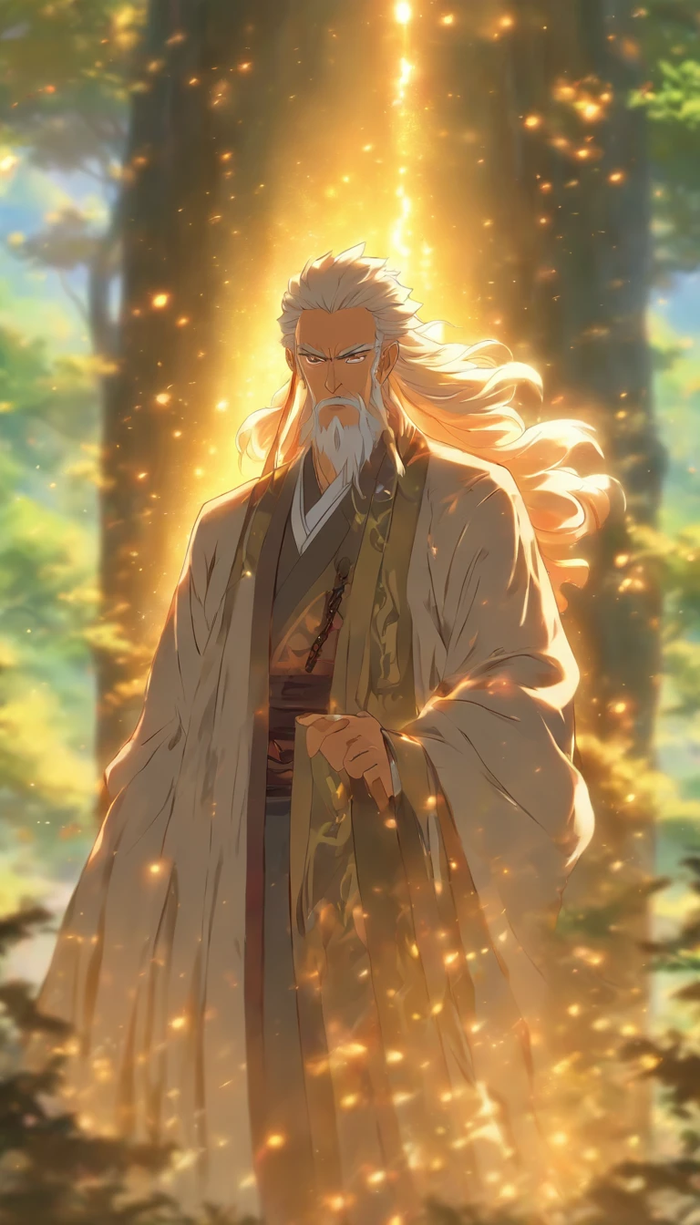 An old elder standing by, with a knowing look in his eyes, as if he understands my thoughts, tranquil valley in the background with sunlight streaming through the leaves, ,32k, best quality, masterpiece, super detail, high details by Jidaimono Anime Style