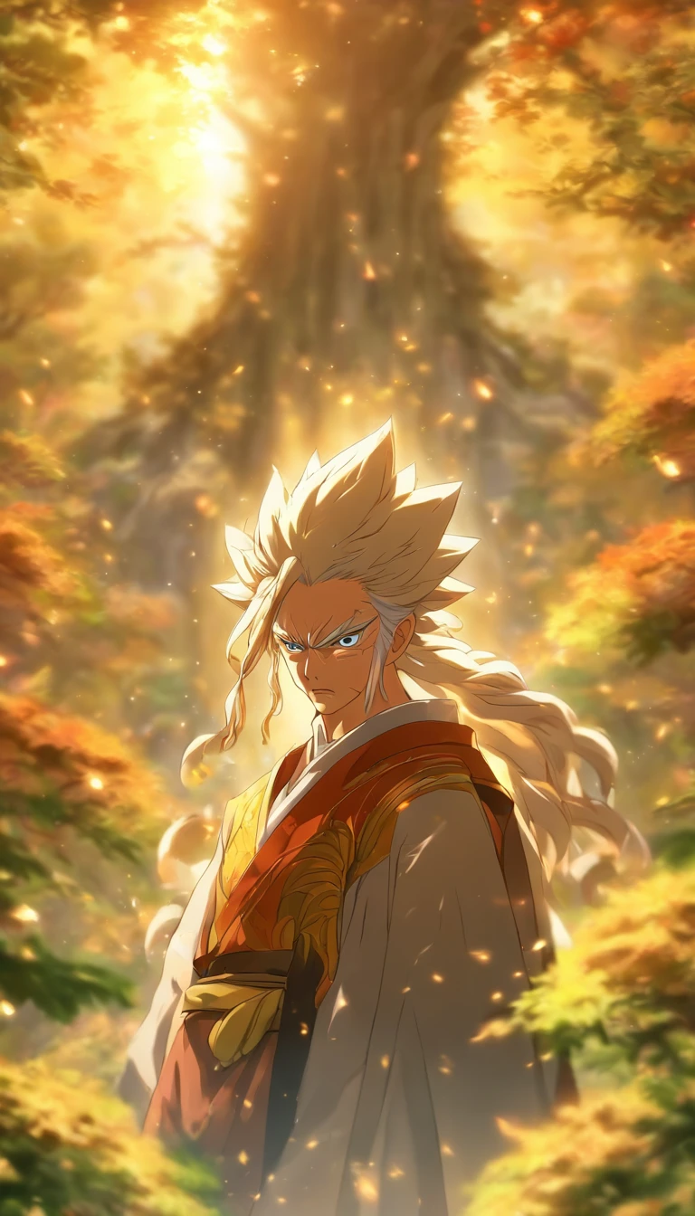 An old elder standing by, with a knowing look in his eyes, as if he understands my thoughts, tranquil valley in the background with sunlight streaming through the leaves, ,32k, best quality, masterpiece, super detail, high details by Jidaimono Anime Style