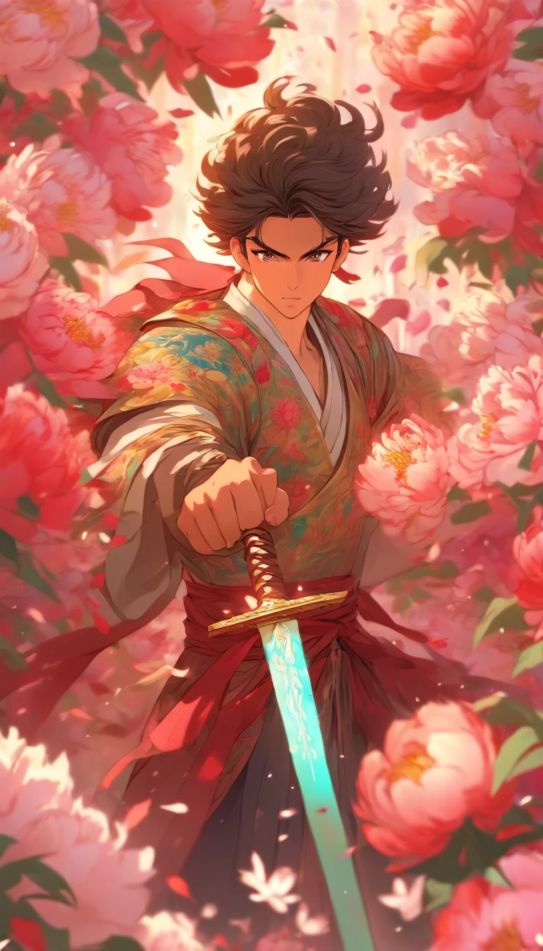 A young and handsome man standing in a sea of peonies, dressed in gorgeous ancient costume, wielding a sword with agility and determination, surrounded by colorful peonies with petals falling around him, ,32k, best quality, masterpiece, super detail, high details by Jidaimono Anime Style