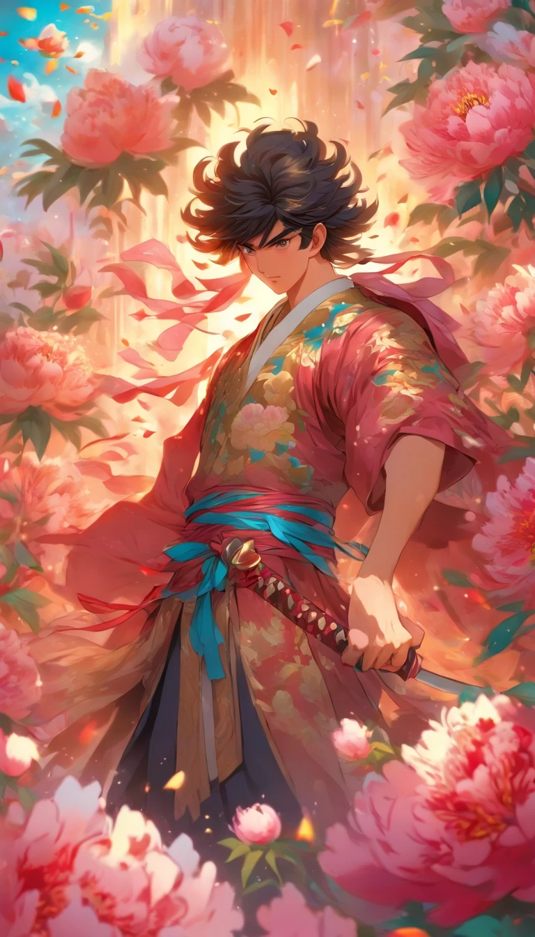 A young and handsome man standing in a sea of peonies, dressed in gorgeous ancient costume, wielding a sword with agility and determination, surrounded by colorful peonies with petals falling around him, ,32k, best quality, masterpiece, super detail, high details by Jidaimono Anime Style