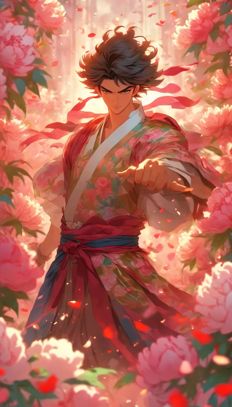 A young and handsome man standing in a sea of peonies, dressed in gorgeous ancient costume, wielding a sword with agility and determination, surrounded by colorful peonies with petals falling around him, ,32k, best quality, masterpiece, super detail, high details by Jidaimono Anime Style