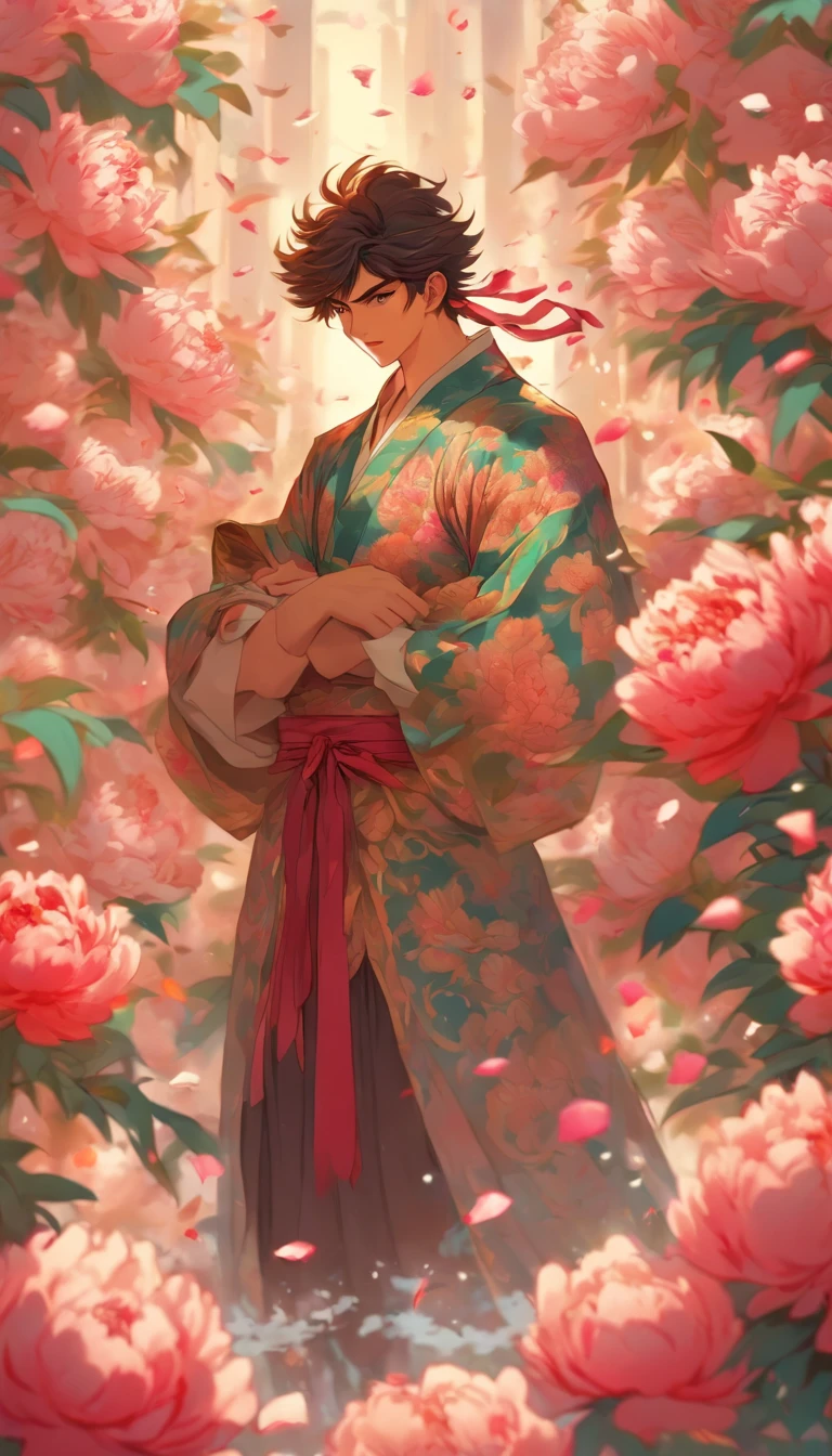 A young and handsome man standing in a sea of peonies, dressed in gorgeous ancient costume, wielding a sword with agility and determination, surrounded by colorful peonies with petals falling around him, ,32k, best quality, masterpiece, super detail, high details by Jidaimono Anime Style