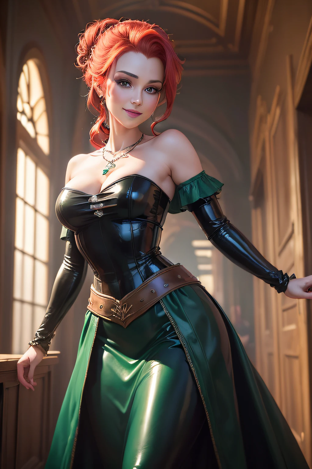 (masterpiece:1.4), (best qualit:1.4), (high resolution:1.4), anna of arendelle, bare shoulder, black latex bodice, green latex long skirt, necklace, updo red hair, indoors, ballroom, looking at viewer, smile,