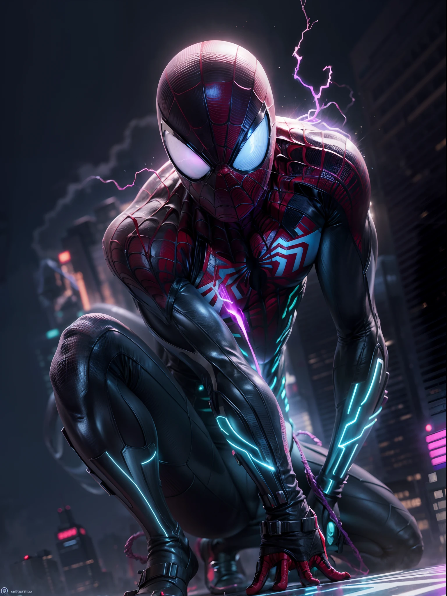 Spiderman, full face covered, symbiote, scared, black slime, octane render, bioluminescent,8K resolution concept art, realism,by Mappa studios,masterpiece,best quality,official art,illustration,ligne claire,(cool_color),perfect composition,absurdres, tall body, super hero landing pose, (cyberpunk city background), spider man symbiote suit,close shot, spider man focus, full body,neon light