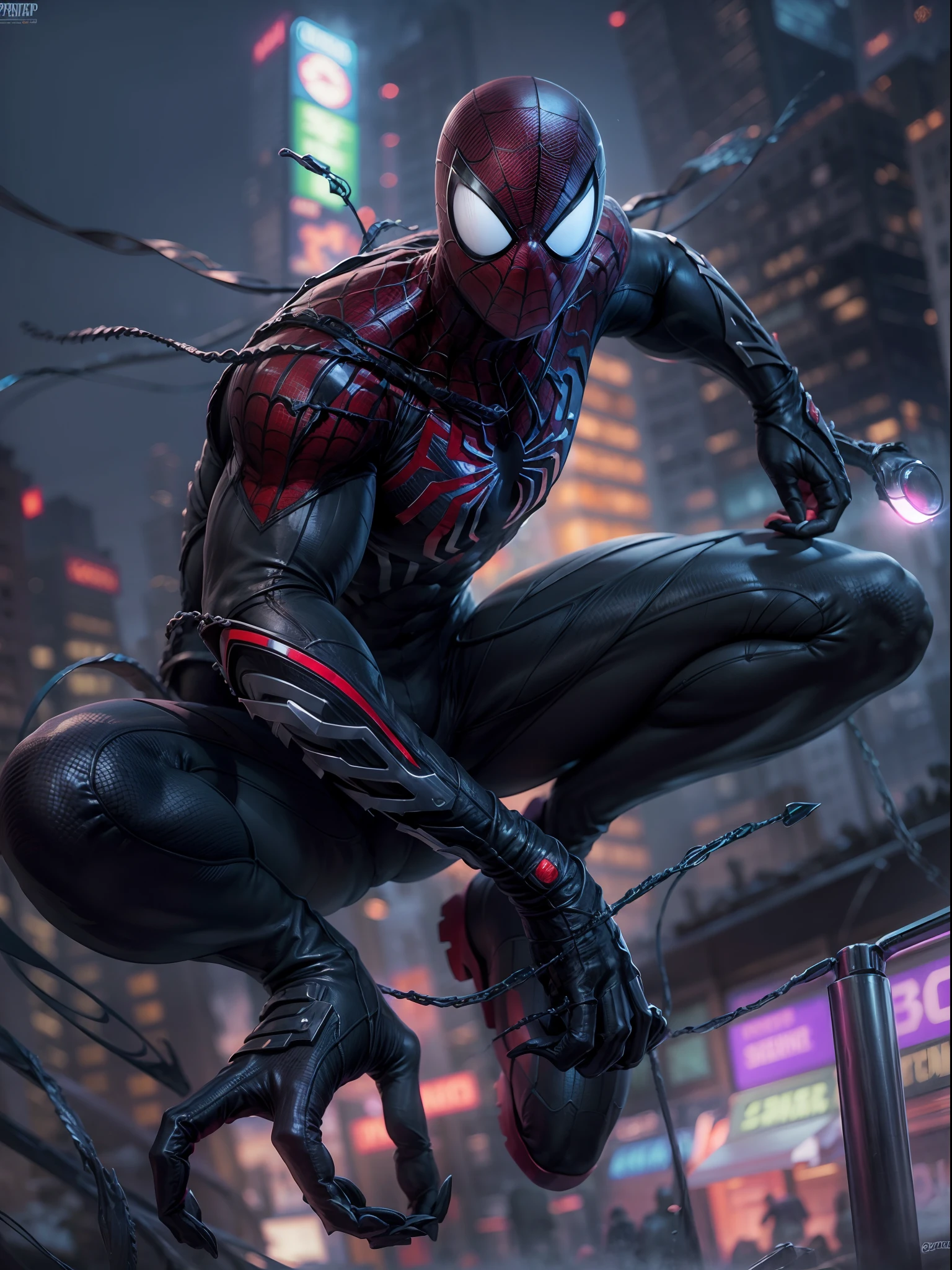 Spiderman, full face covered, symbiote, scared, black slime, octane render, bioluminescent,8K resolution concept art, realism,by Mappa studios,masterpiece,best quality,official art,illustration,ligne claire,(cool_color),perfect composition,absurdres, tall body, super hero landing pose, (cyberpunk city background), spider man symbiote suit,close shot, spider man focus, full body,neon light