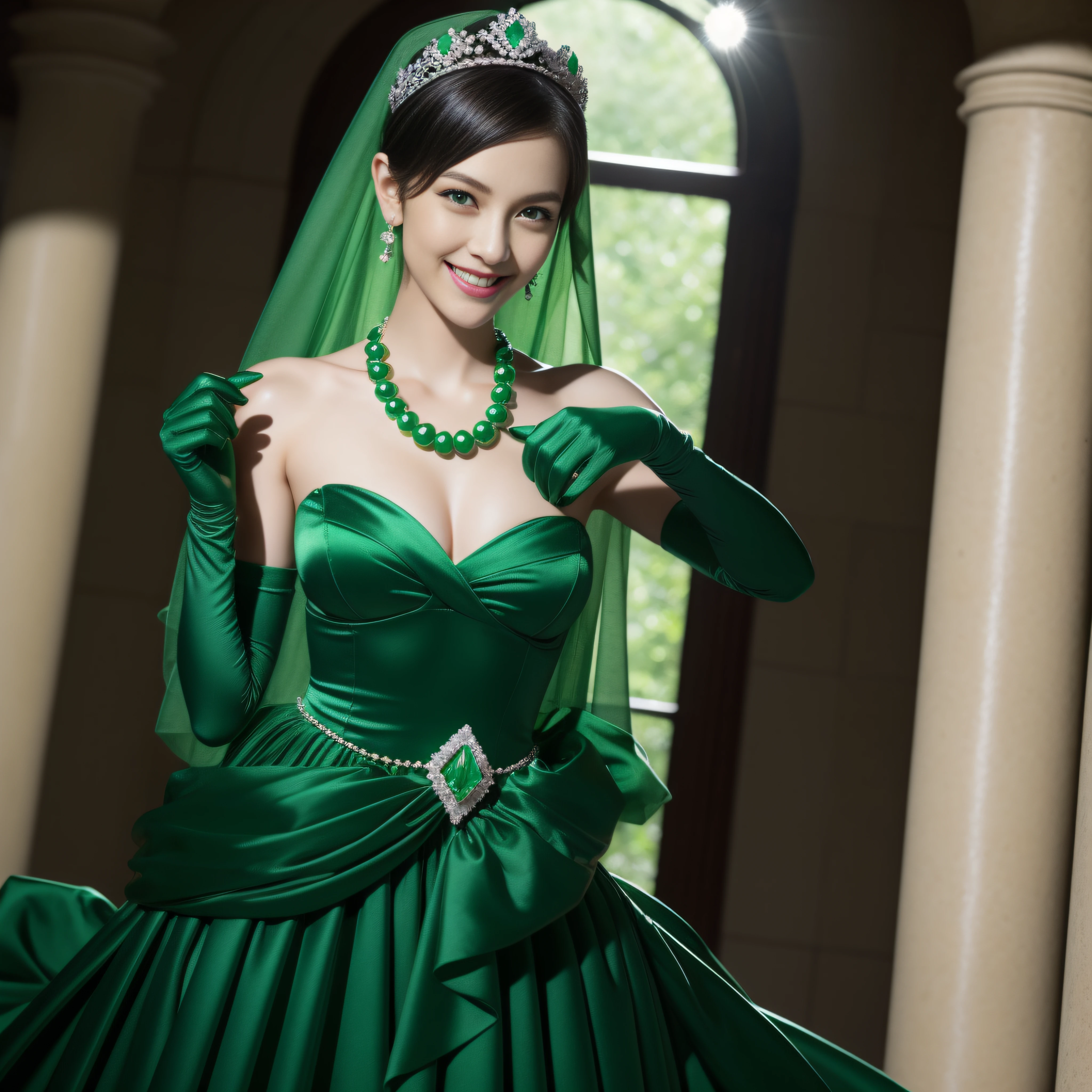 emerald tiara, Green Pearl Necklace, Boyish very short black hair, lipsticks, Japan woman smiling, very short short hair, big breasts beautiful, Green eyes, Long green gloves made of satin material, Green eyes, Emerald Earrings