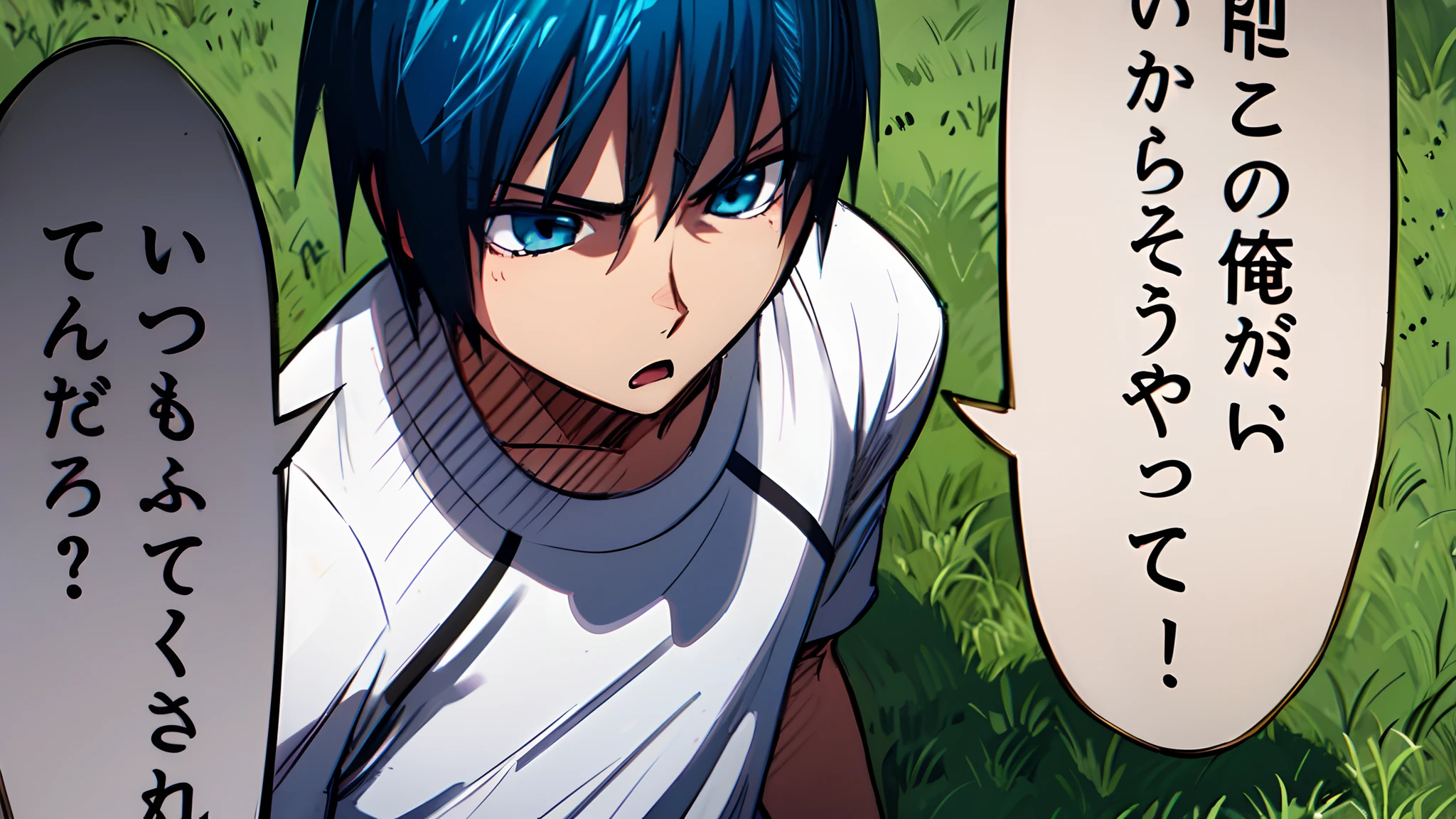 a anime of a boy cartoon, white shirt, blue hair color, open mouth, manga, text manga, color manga, manga color, color manga, color manga panel, a simple grass background