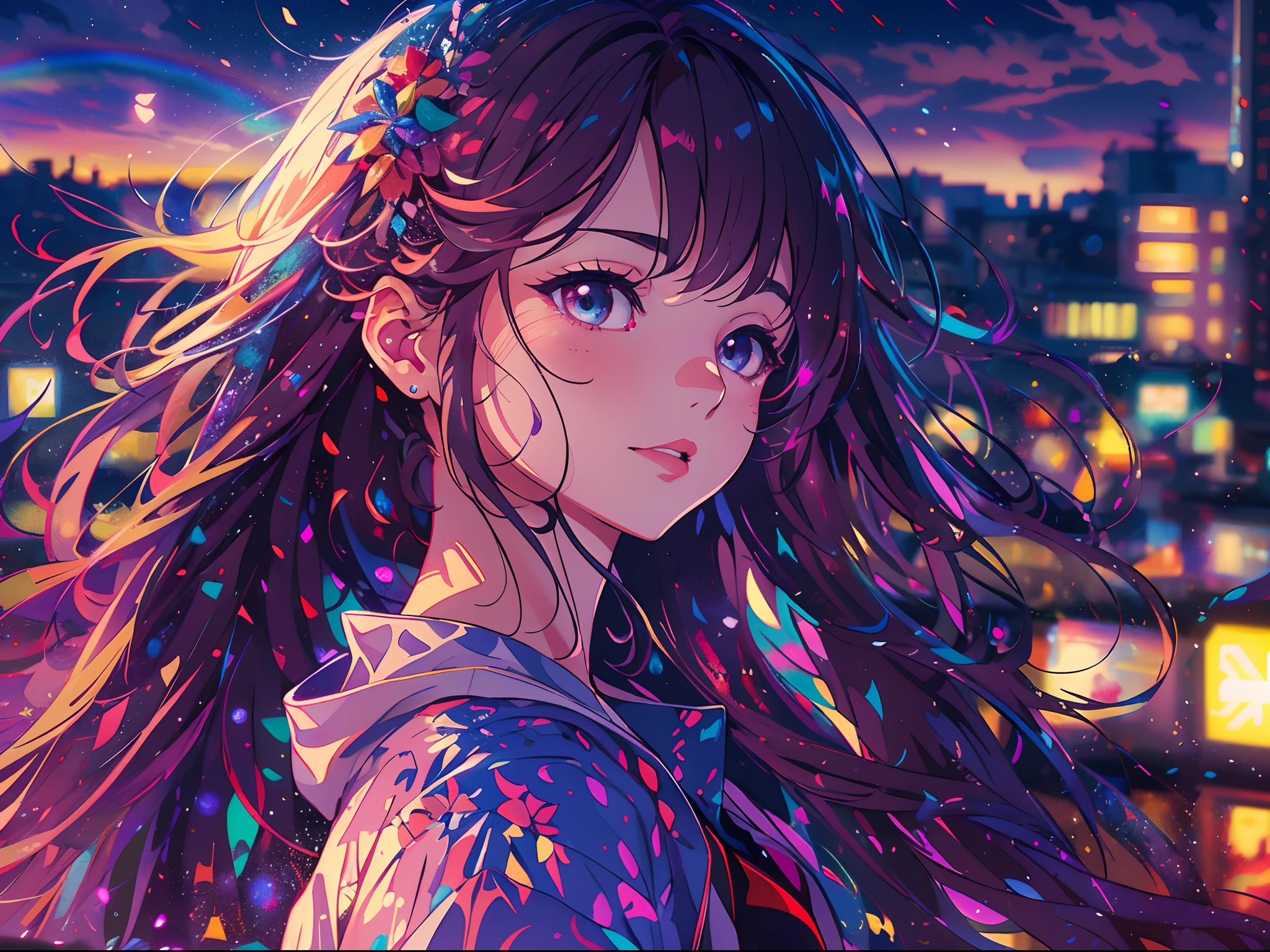 (best quality,4k,8k,highres,masterpiece:1.2), ultra-detailed,, HDR, UHD, studio lighting, ultra-fine painting, sharp focus, physically-based rendering, extreme detail description, professional, vivid colors, bokeh, portraits, anime, concept artists, starry night, rooftop, rainbow, night sky, longhaired girl, standing, anime art wallpaper 8k, 4k anime wallpaper,(Masterpiece: 1.2), (Best Quality), 4k, Ultra Detailed, (Dynamic Composition: 1.4), Rich in Detail and Color, (Rainbow Color: 1.2), (Glow, Atmospheric Lighting), Dreamy, Magical, (Solo: 1.2),
