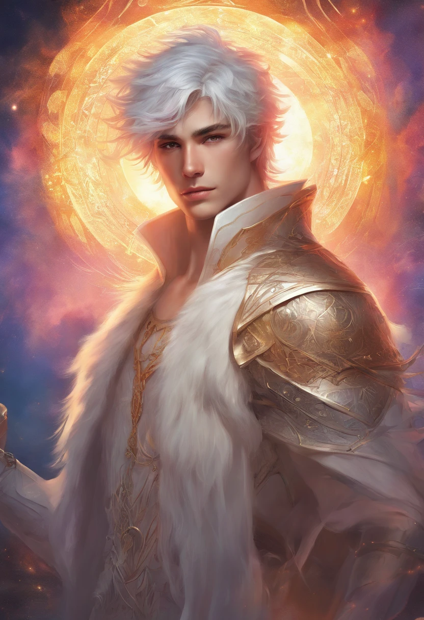 Young man, 20 years old, white hair, two block haircut , shirtless, wearing a black fur coat , reality photo, reality skin, detailed skin, glowing light eyes, Biomechanical, eerie, Creepy, nightmarish, Very bright colors, Light particles, with light glowing, Mshiff, wallpaper art, UHD wallpaper