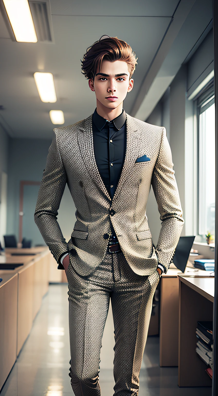 a fashionable young man wearing suits standing in a office room