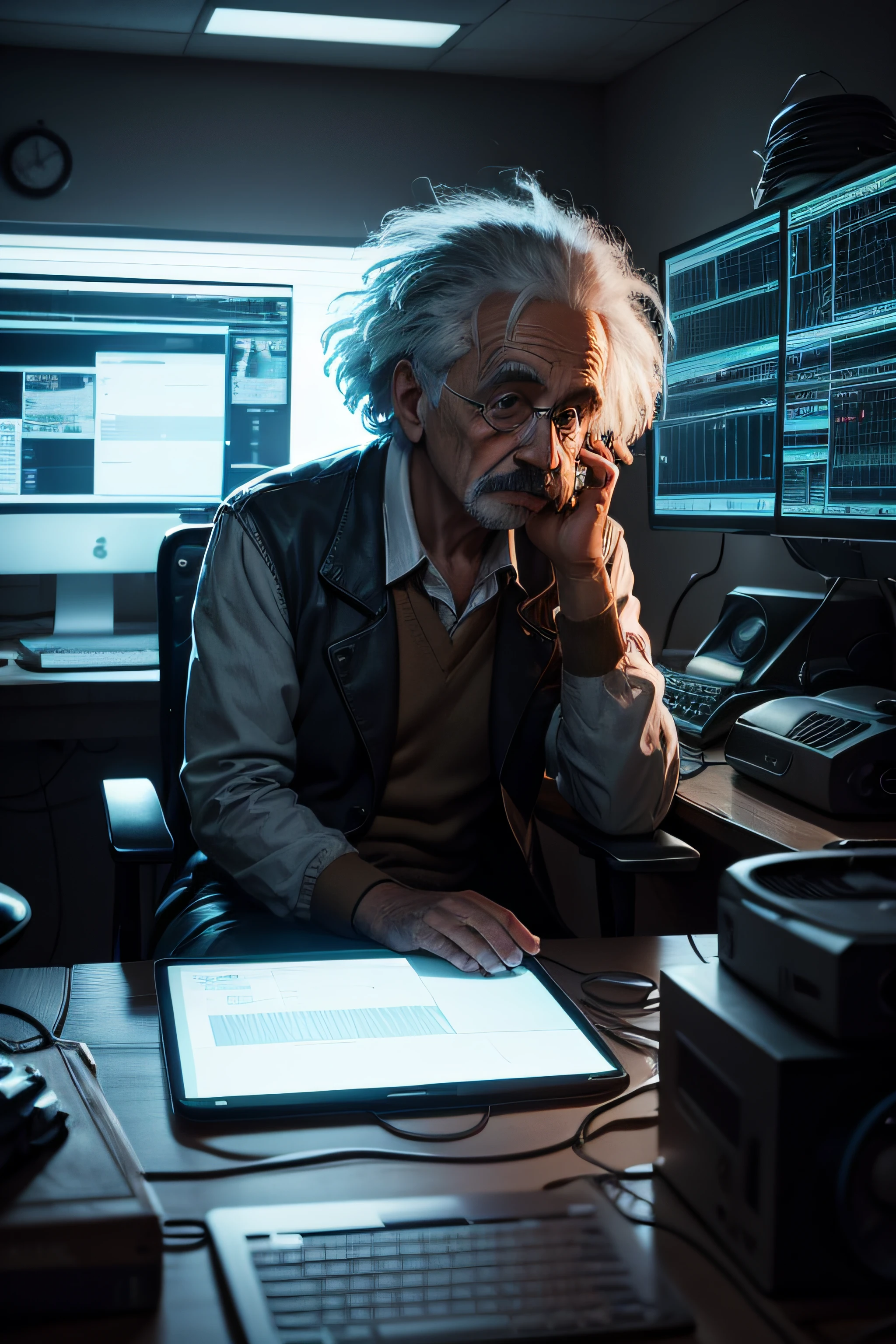 imagine uma imagem de um homem como albert einstein programando em seu computador de costas, The room is dark in a post-apocalyptic world where computers have taken over the world, vintage, 4k, ultra hd