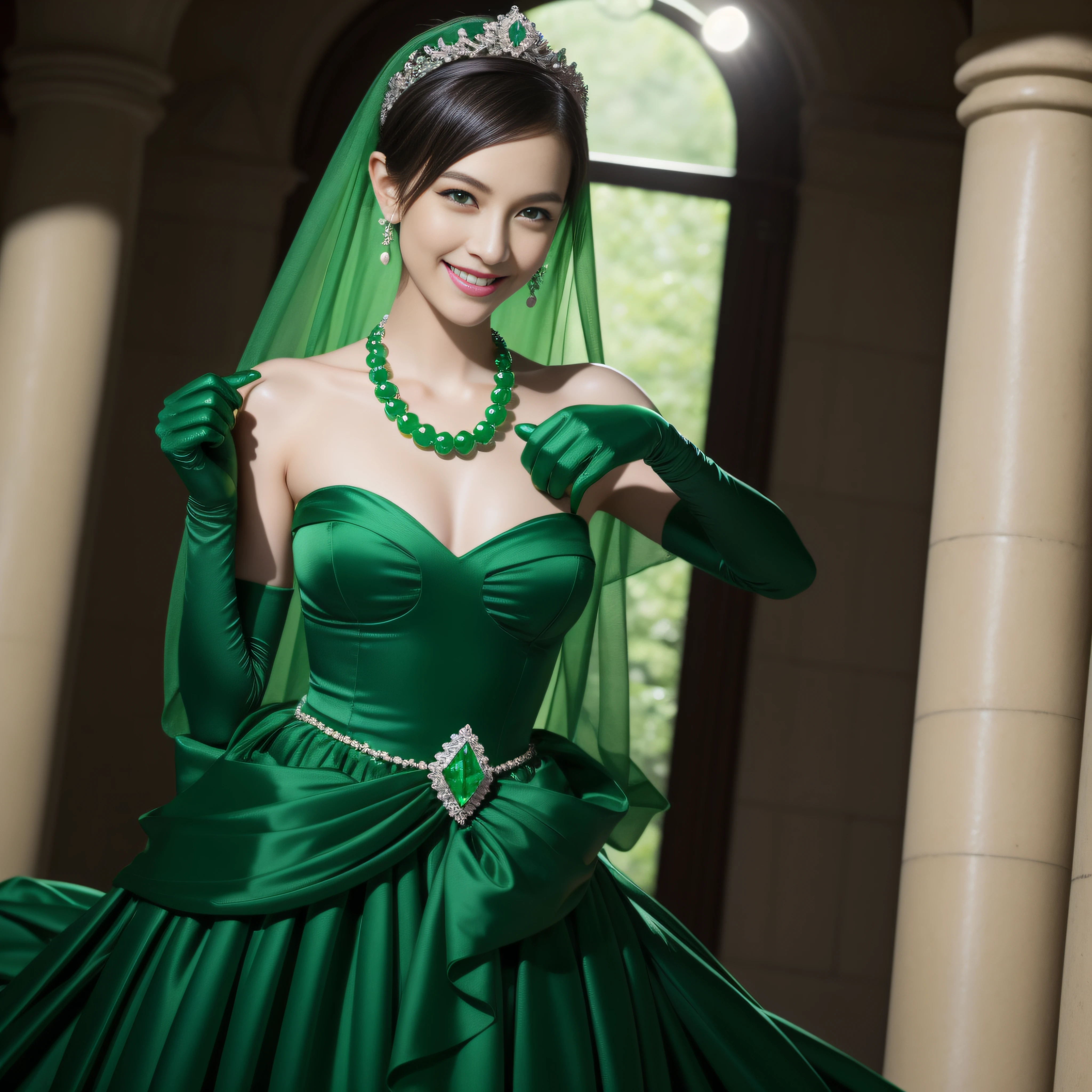 emerald tiara, Green Pearl Necklace, Boyish very short black hair, lipsticks, Japan woman smiling, very short short hair, big breasts beautiful, Green eyes, Long green gloves made of satin material, Green eyes, Emerald Earrings