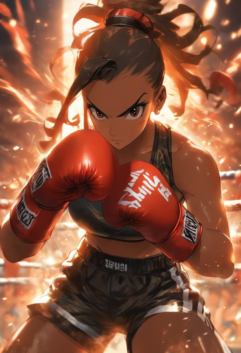Mature female boxer、Ponytail with black hair、Brown-skinned、Black sports bra and shorts、Boxing gloves、With keen eyes、Boxing stance、waist line、