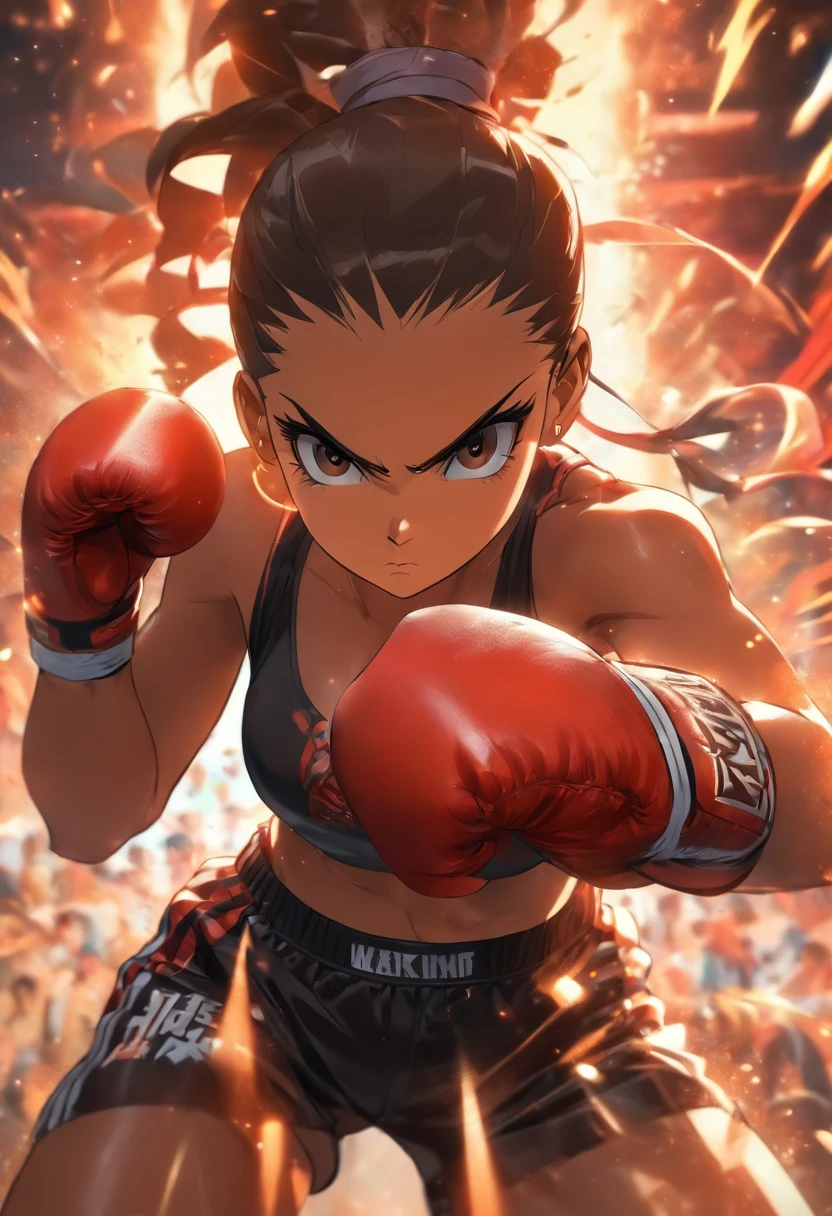 Mature female boxer、Ponytail with black hair、Brown-skinned、Black sports bra and shorts、Boxing gloves、With keen eyes、Boxing stance、waist line、