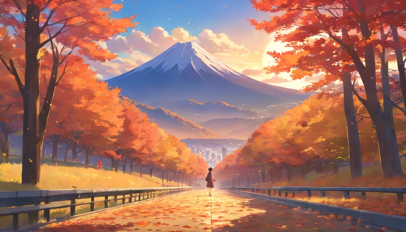 Autumn leaves in Japan、Autumn leaves that look like the mountains are burning、Sunset、Autumn leaves that look red in the setting sun、