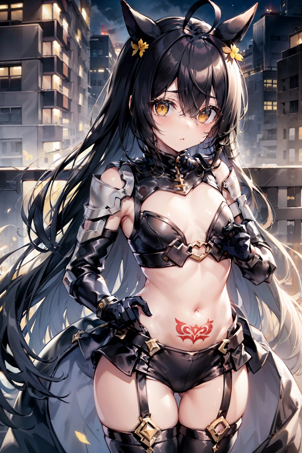 Super masterpiece, ultra best quality,Ultra-high image quality, cowboy shot,(Diagram of the full body view),1girl in, (Mask),(((Plague mask equipped on the face)),((Crow-inspired black battlesuit)),(( Crow Style Shoulder Body Armor)), (独奏),(manhattan-cafe),((White ahoge)), (Long Black Hair)、(((Long black elongated bangs run down the face))),Black-haired horse ears,black horse tail,(((Golden eyes without highlights))),(((flat chest))),((Butterflies on the shoulders and stomach々Tattoos)),(((Butterfly on the chest plate々Tattoos))),(((Exposed belly, Inguinal and thoracic))),(((Coffee beans on skyscraper rooftop at night)))
