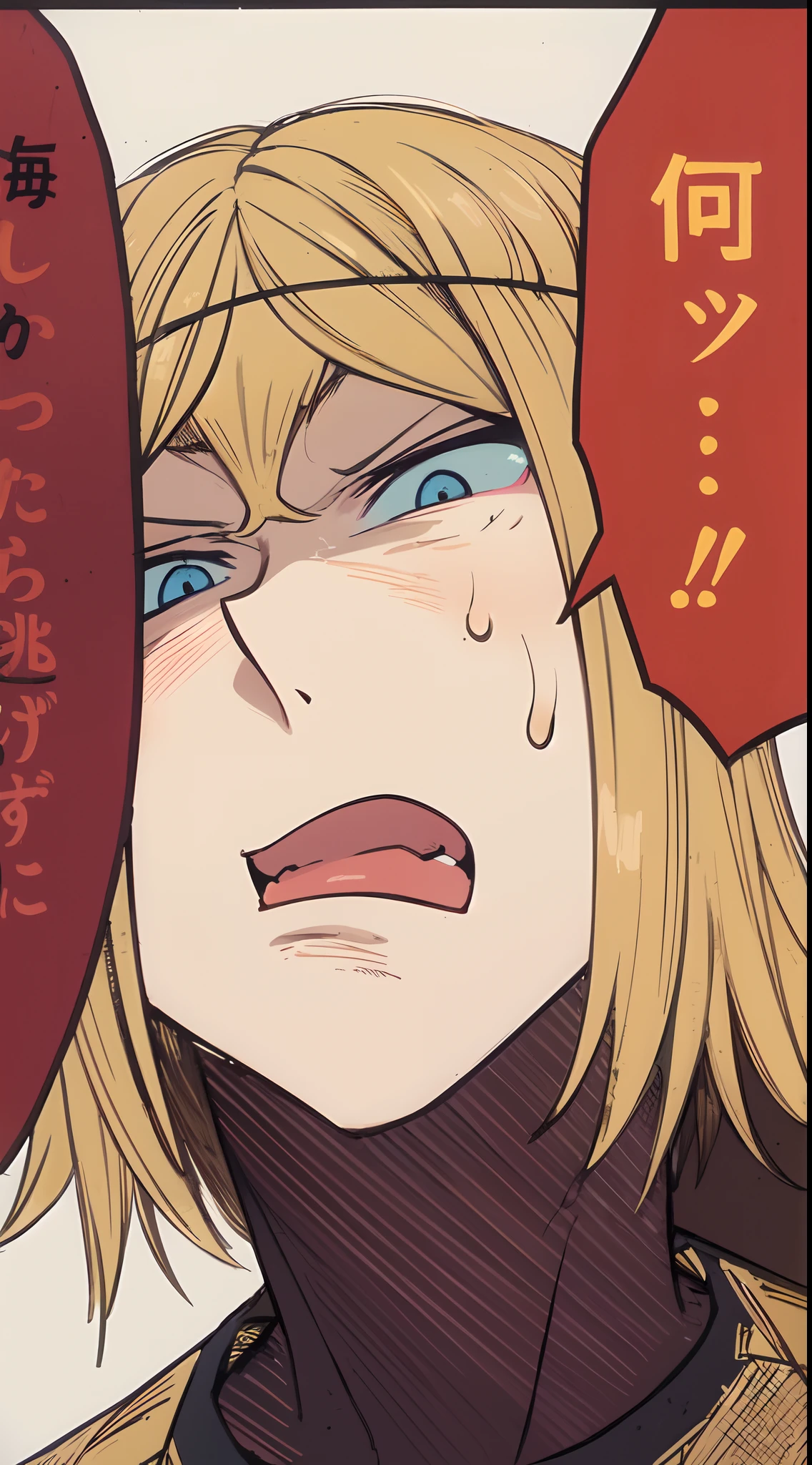 a anime of a boy cartoon, close up, (tooth, teeth), blonde hair, manga, text manga, color manga, manga color, color manga, color manga panel, a simple background