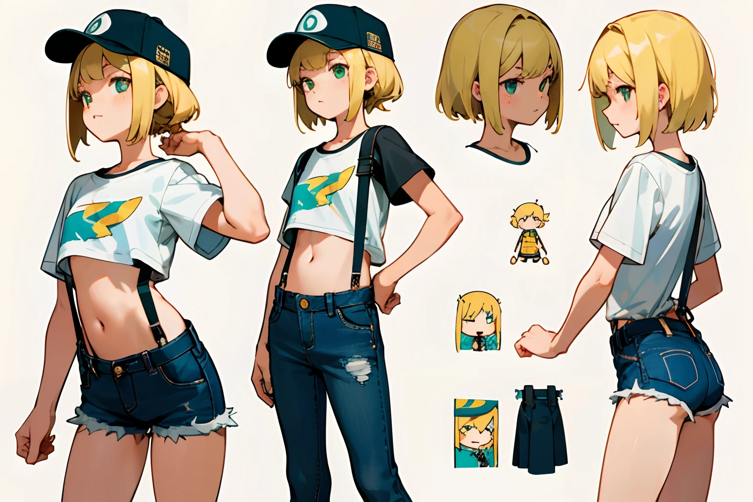 masterpiece,top-quality,((character sheets,Same character,gauges,Lateral face,soles)),environment change scene,Pose too,Hairstyle Fax,Pose Jitai,Chartaran Betarola,(simple background、white backgrounid:1.3),illustratio,1人,Petite girl,a blond,Green eyes,Black baseball cap printed with lightning symbol,Navel Ejection、Black T-shirt with lightning symbol printed on it,Low-rise denim shorts,suspenders,Leather loafers,multi view